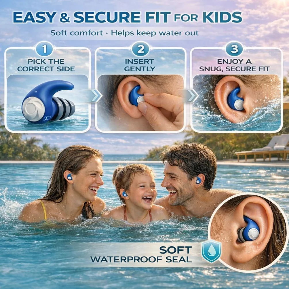 Bouchons d’Oreille Natation Enfant 4-12 Ans 3 Paires Silicone Étanche Cordon Amovible Réutilisables
