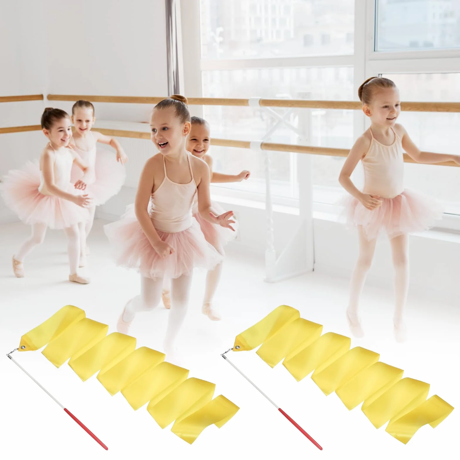 QUARKZMAN 2 Pcs Rubans De Danse Gymnastique Rythmique 78.7" Streamers pour Danseurs Baguette Tournoyante Jaune