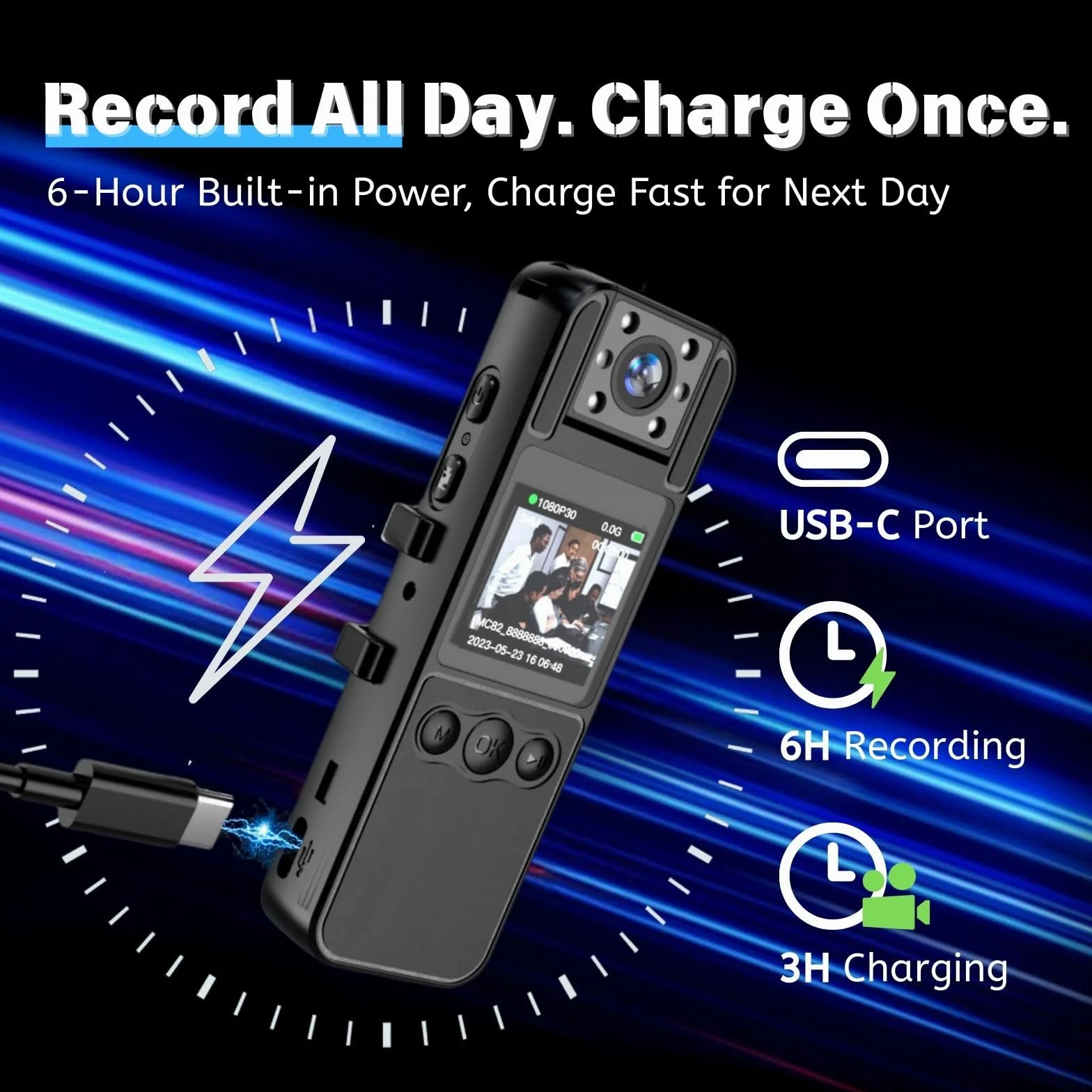 128G Caméra corporelle 1080P avec Objectif Rotatif de 180°, caméra de Sport avec 6 Heures d'autonomie de Batterie, Vision Nocturne, caméra Portable pour Animaux domestiques (H82-1080P-128G)