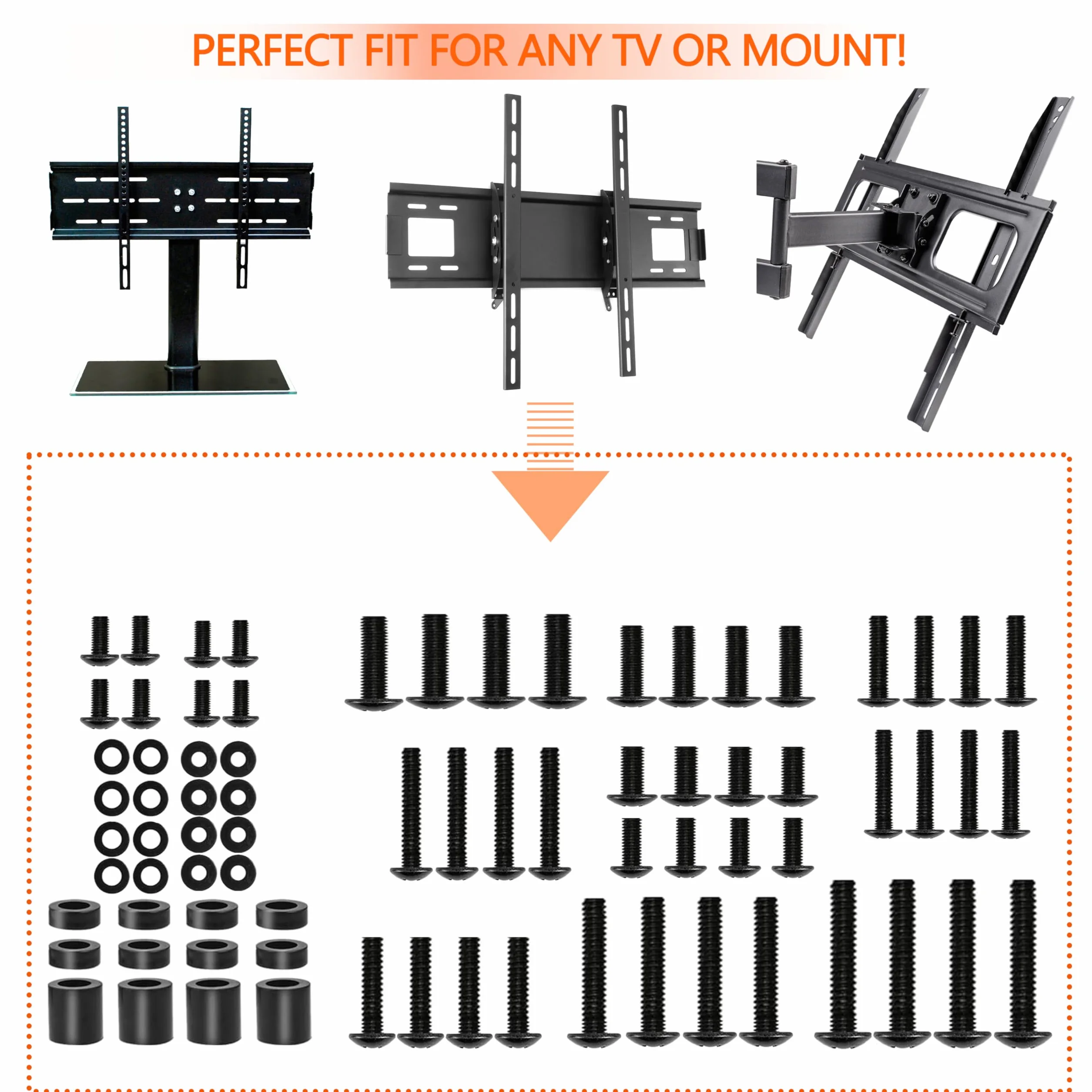 Kit Vis VESA/Montage TV (Noir/Fer) M4/M5/M6/M8+Rondelles/Entretoises.Compatible Supports Mural&TV-Standfüße,Vis de Remplacement Universel