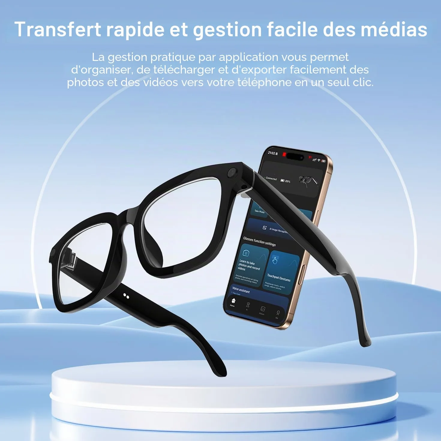 AI Smart Glasses Caméra HD 1200P avec 8 MP Anti-tremblement, lentilles photochromiques pour l'extérieur et Les Voyages, Enregistrement vidéo, Reconnaissance des Objets AI et intégration