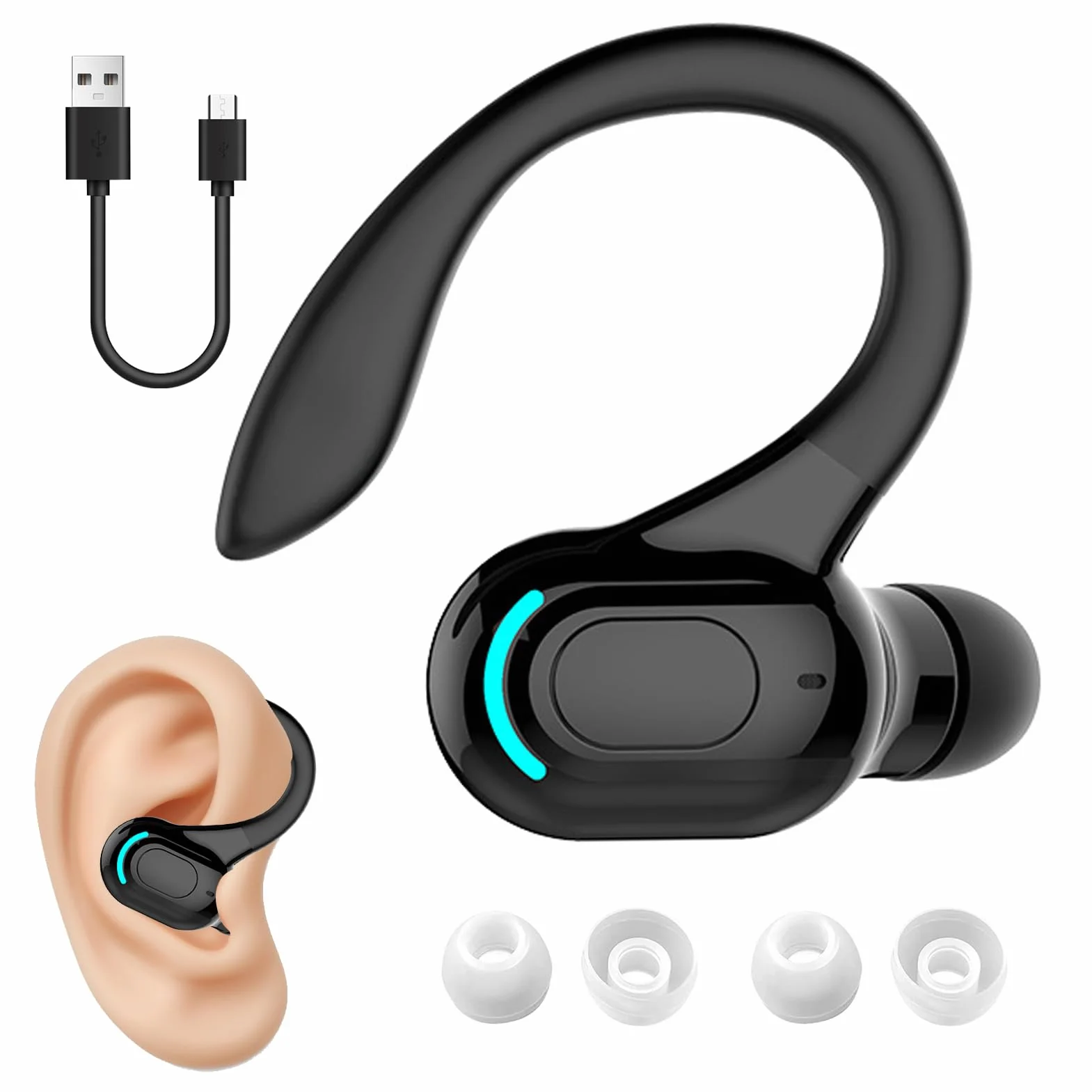 Oreillette Bluetooth Sans Fil V5.2 Avec Micro Intégré, Écouteurs Sans Fil, Tour D'oreille 360°, 20h De Lecture, Tour D’Oreille Réduction De Bruit Écouteur Mono Pour Iphone, Android, Pc, Sport, Travail