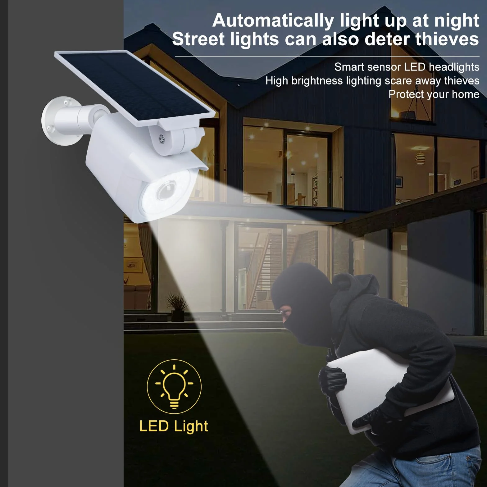 Lampes solaires d'extérieur avec détecteur de mouvement Lampes solaires LED avec caméra factice Caméra de surveillance factice 360° Panneau solaire pivotant à 120° 5V/1.5W 2200mAh IP65 Blanc.