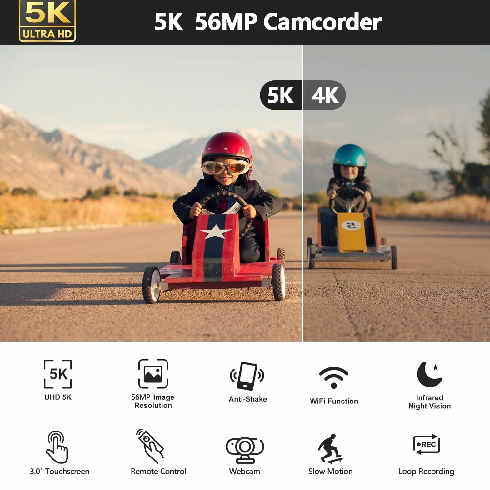 Caméscope Caméra vidéo 5K 56MP Vlogging Caméra Youtube, WiFi Vision Nocturne 3" Écran Tactile Rotatif à 270° Video Camera avec Carte 64 Go, télécommande, Microphone, stabilisateur, Piles, trépied