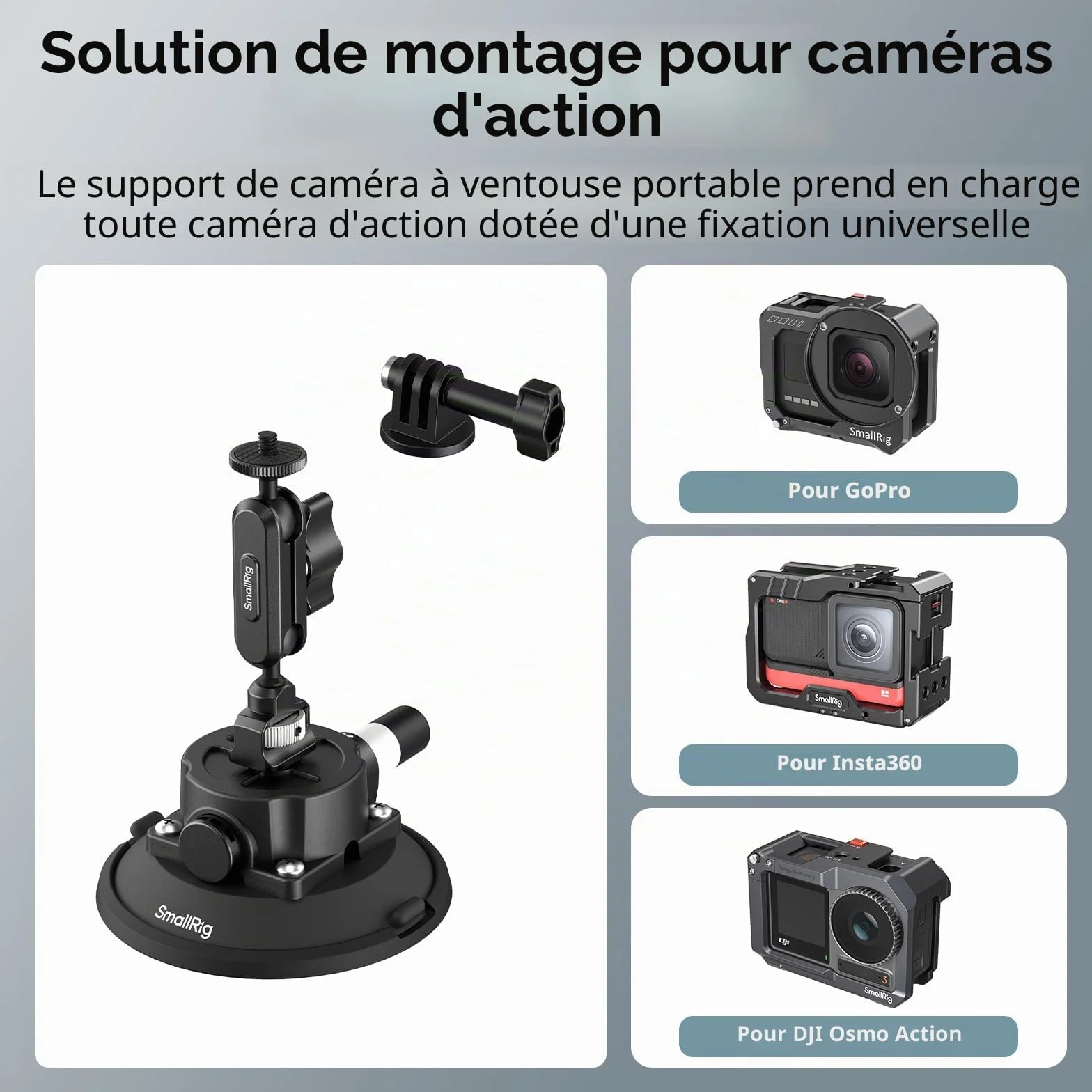 SMALLRIG Support à Ventouse 4,5" avec Bras Articulé à Rotule, Compatible avec Les Caméras d'action DJI Osmo Action 6/5 Pro/4, Insta360 x5 et GoPro 13/12, Charge Maximale 1,5 kg - 5855B