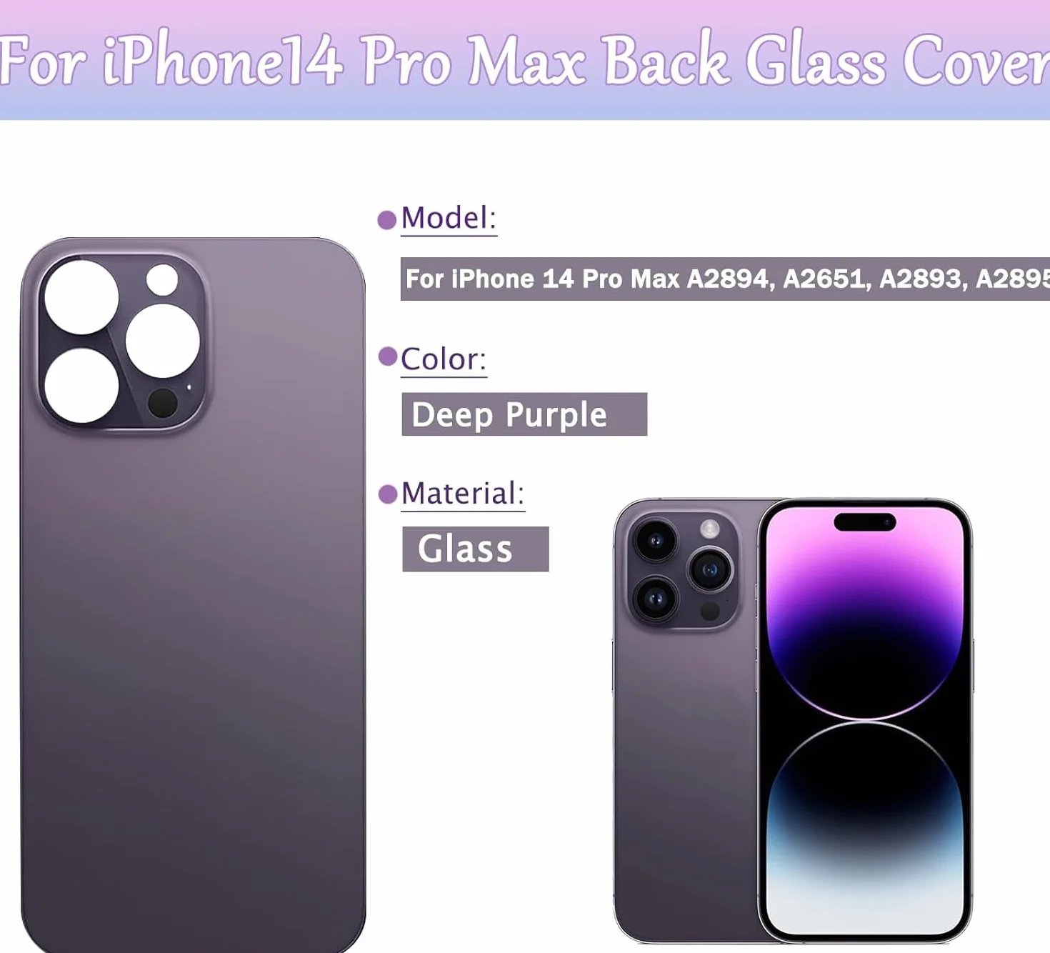 14 Pro Max Verre arrière de Rechange pour iPhone 14 Pro Max 6,7" avec kit d'outils Repar(Violet foncé)