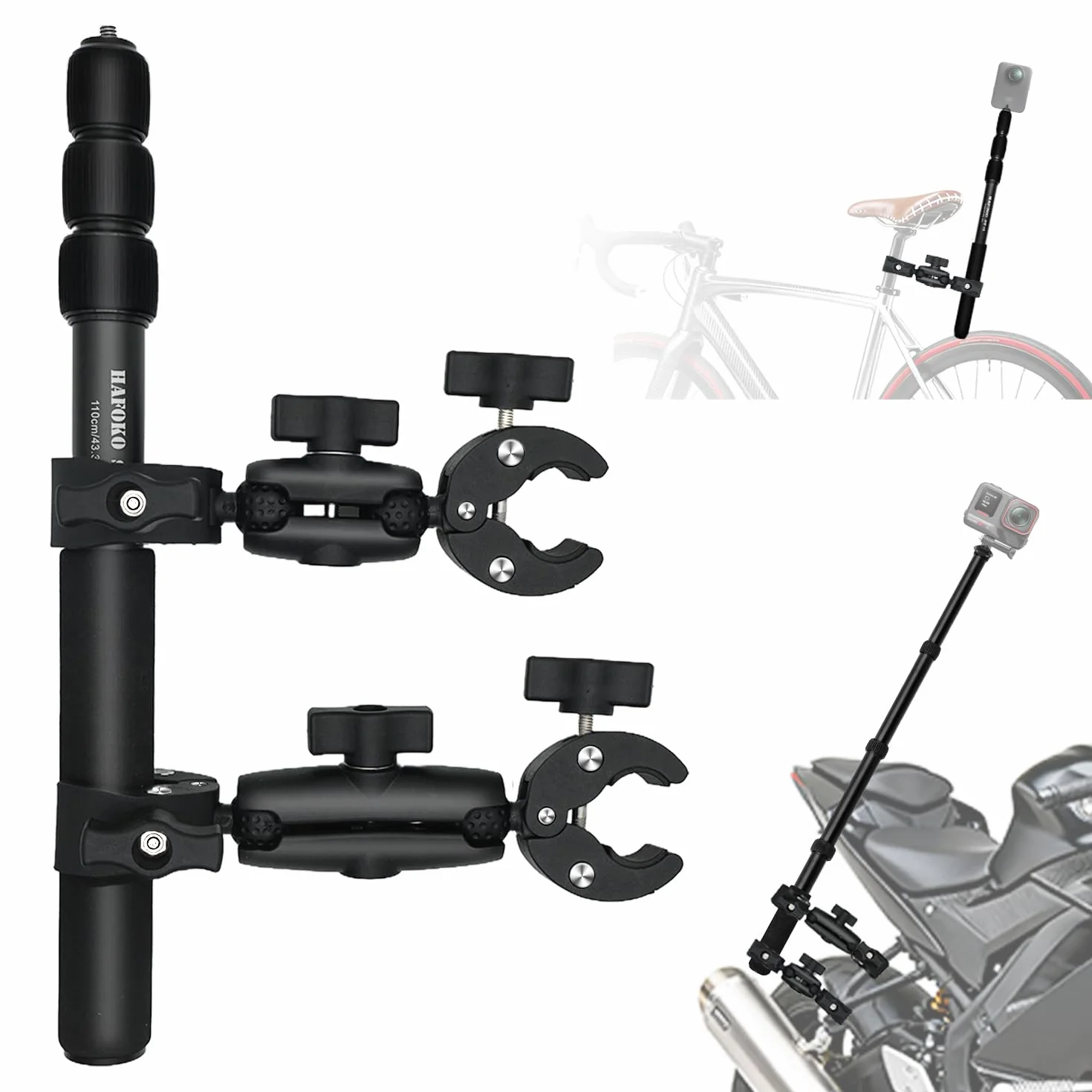 Moto Caméra Montage Kit avec Osmo 360 Osmo Nano, Vélo Double Pinces Support de Guidon avec 43" Perche à Selfie Invisible Compatible avec Insta360 X5-X pour UTV et Vlogging Records de Conduite