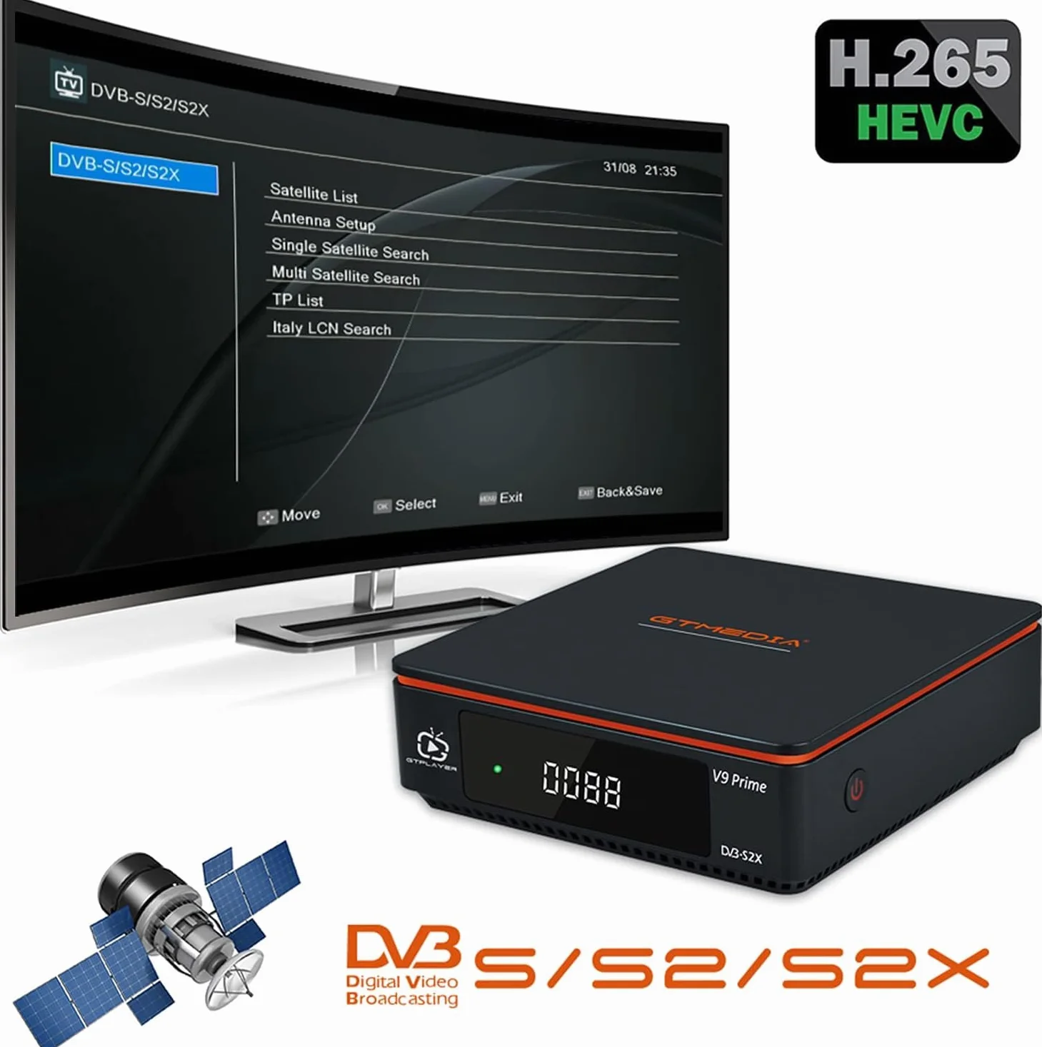 V9 Prime numérique Satellite récepteur H.265 FTA Jouer Gratuitement dv b-S/S2/S2X 10 Bits HEVC intégré Carte de Support WiFi 2.4G, Biss défilement Automatique.