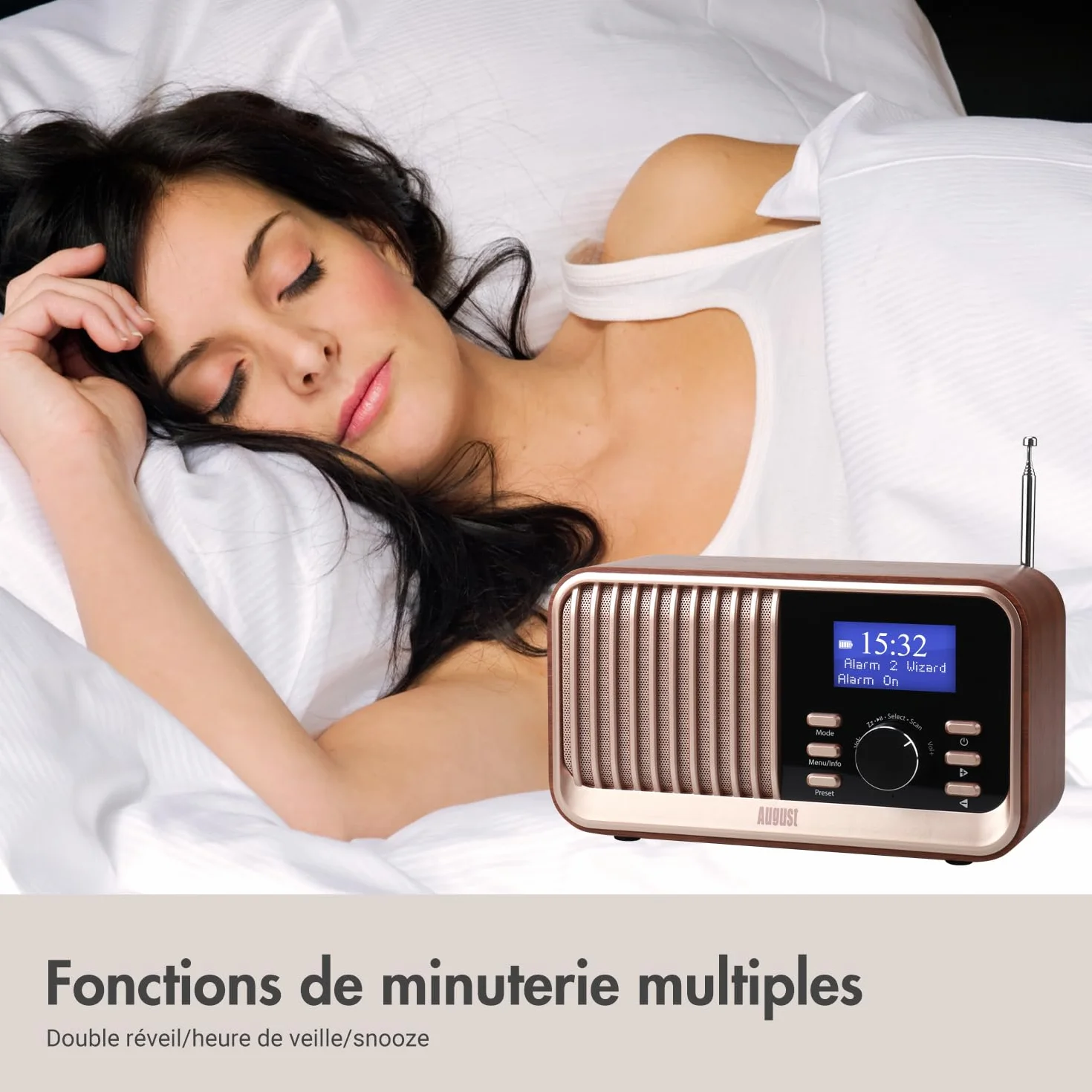 August MB450K - Radio Dab/Dab+/FM Rechargeable Double Réveil, Radio Portable Rétro avec 60 Présélections, Haut-Parleur Bluetooth 5.3, USB/AUX/Carte MicroSD, Autonomie 18H et Télécommande - Chêne