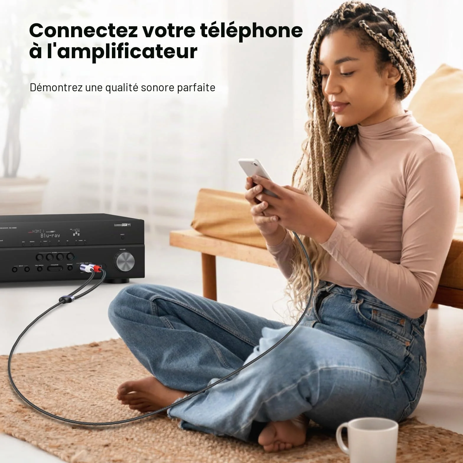 MOSWAG Câble Audio 3.5mm vers Double 6.35mm 1M, 6.35 vers 3.5 Mâle Y Splitter TRS Jack, Plaqué Or Nylon Tressé 3,5mm à 2X 6,35mm Splitter Câble pour Amplificateur, Cinéma Maison