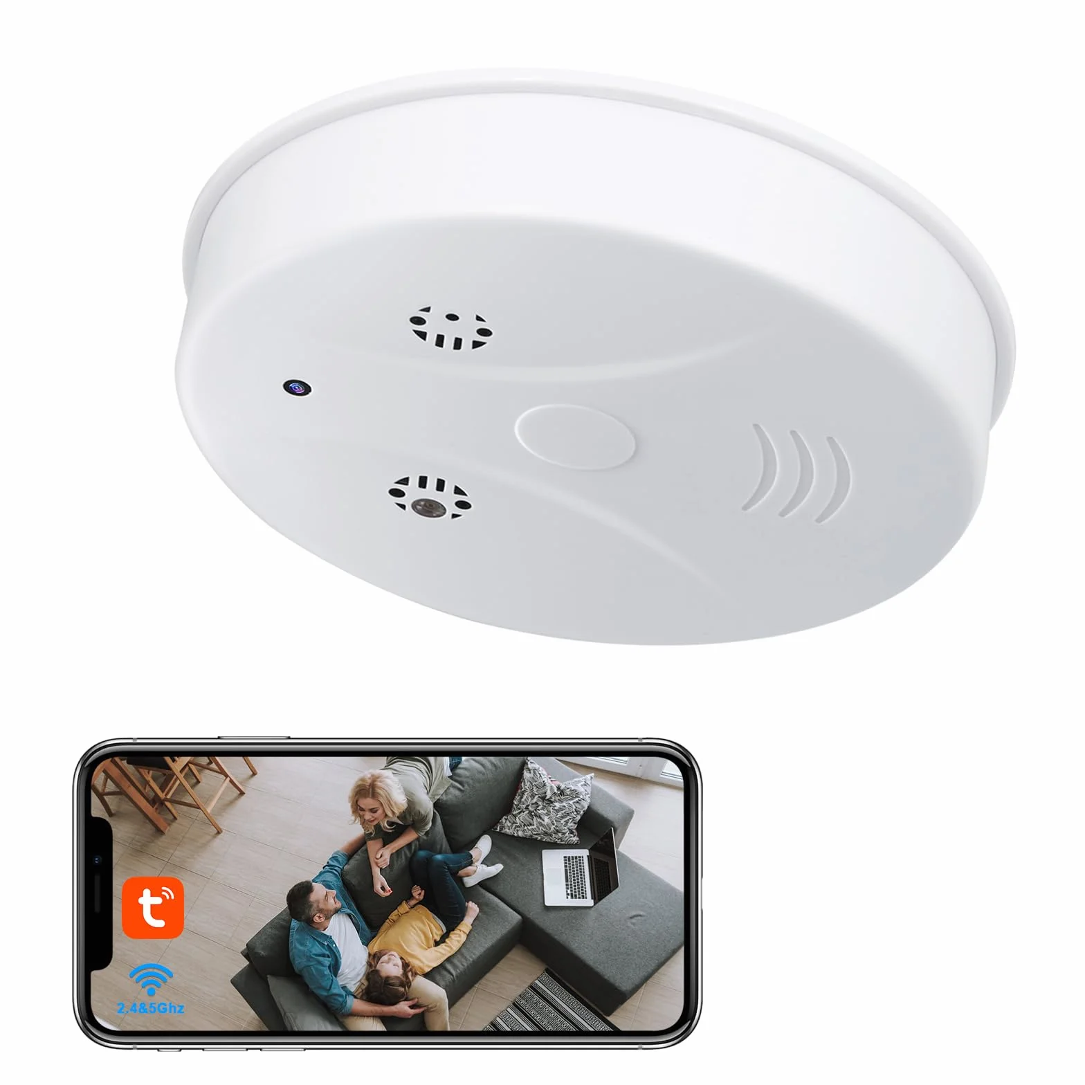 Caméra Cachée WiFi, 2,4/5G Mini Camera Espion sans Fil HD Détecteur de Fumée, HD 1080P Micro Camera Espion avec Vision Nocturne/Détection de Mouvement