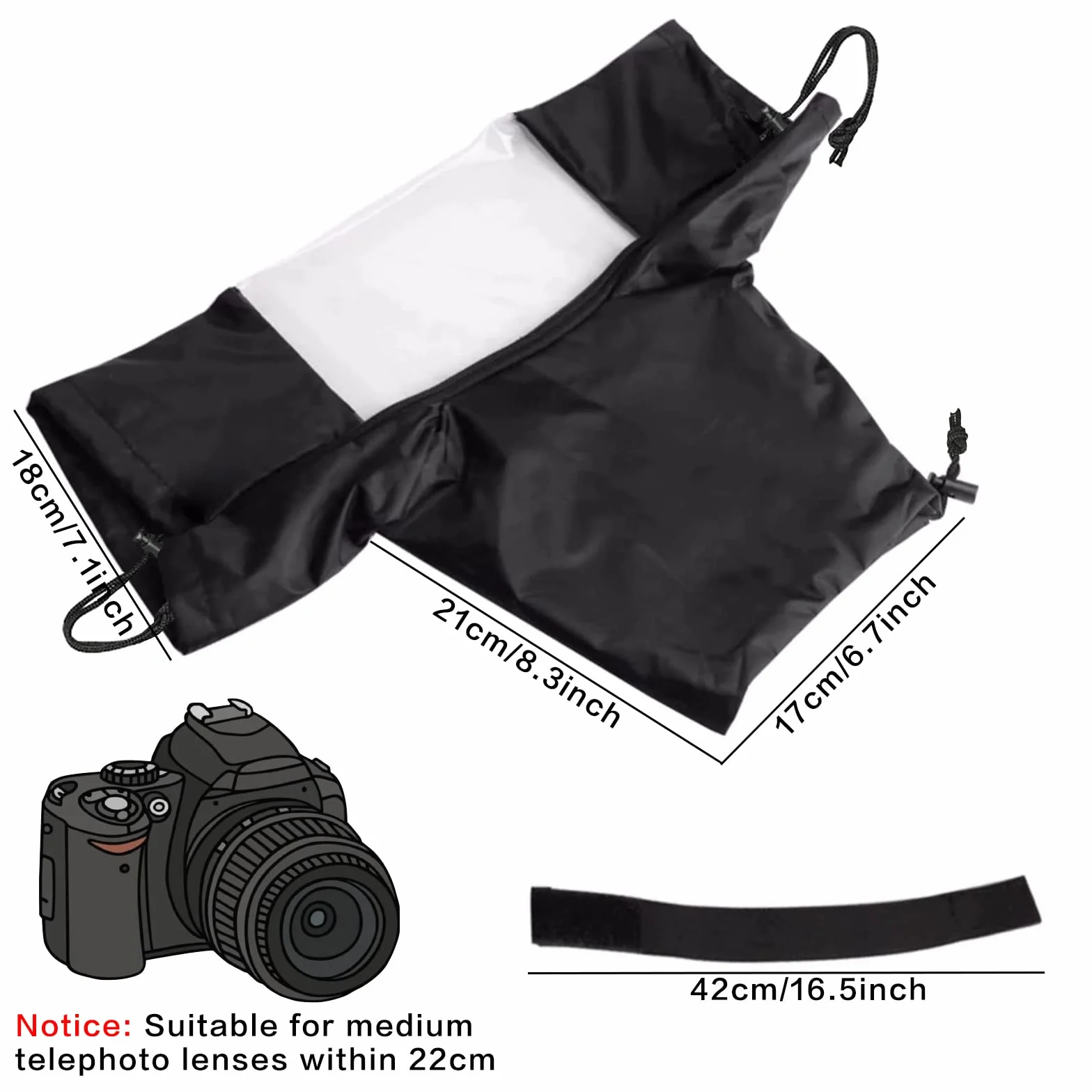 Protection Pluie Appareil Photo, Housse de Pluie pour Appareil Photo avec Fenêtre Transparente et Double Fermeture Éclair, Extérieur PVC, pour Reflex et Hybrides, Objectif Jusqu’à 22 cm