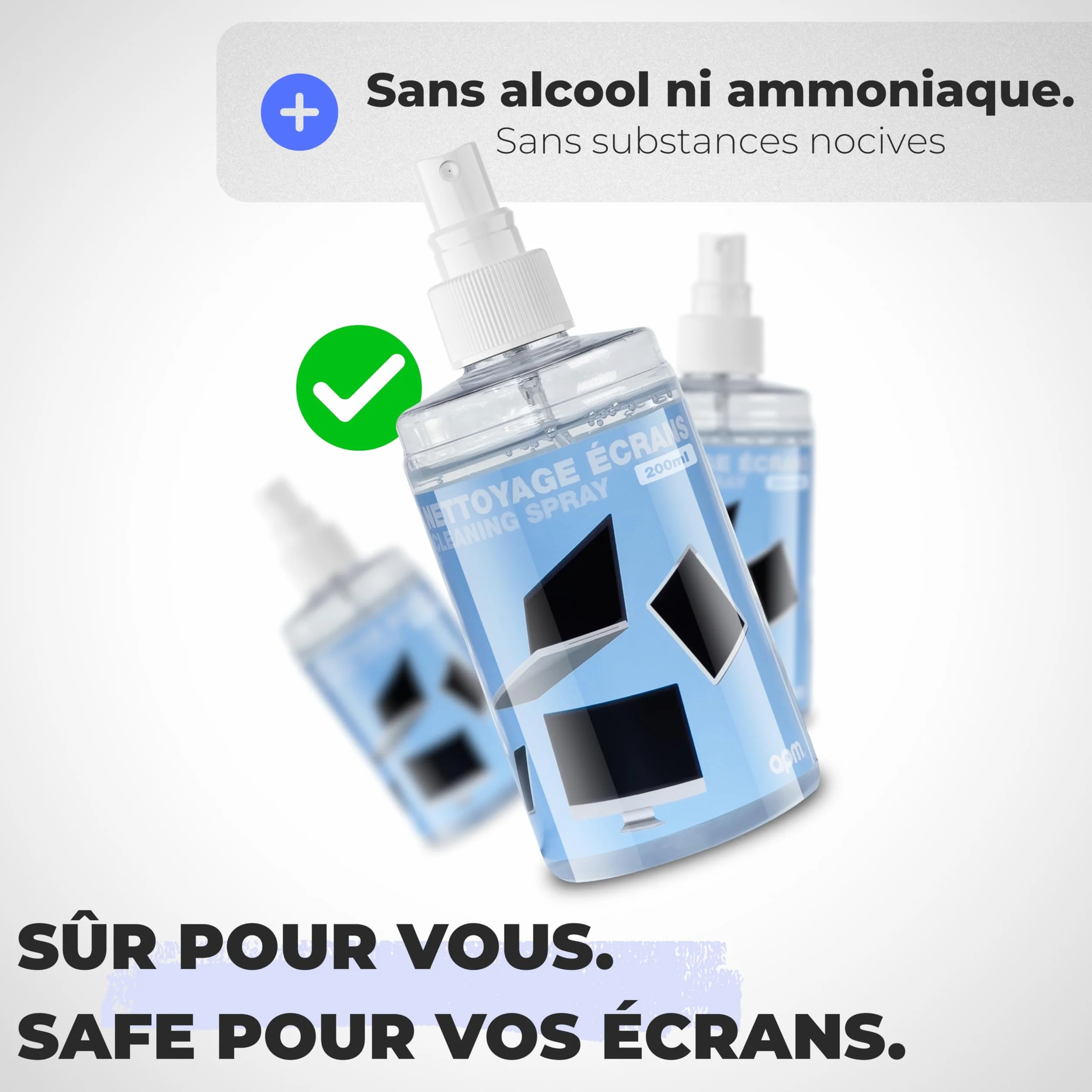 APM Spray Nettoyant Écran TV, PC, Smartphone, Tablette, Texture Gel Sans Alcool, Effet Antistatique, Anti-rayures, Anti-traces, Chiffon Microfibre Inclus, Nettoyage Sécurisé, 200ml, 600105