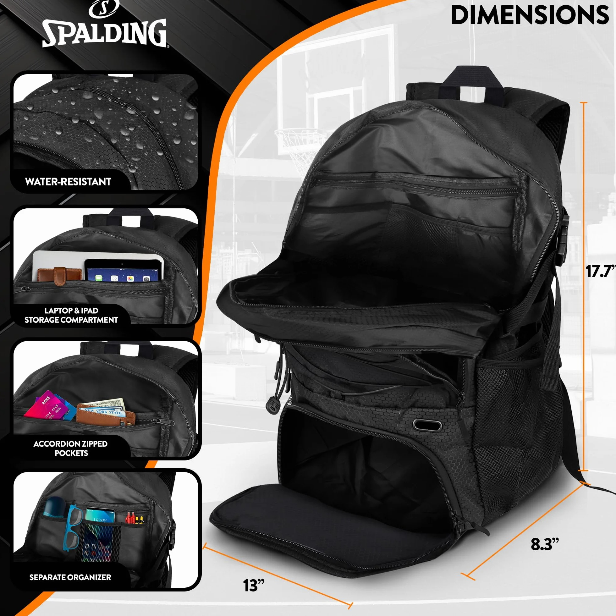 Spalding Sac à dos de basket-ball noir avec compartiment à chaussures et ballon