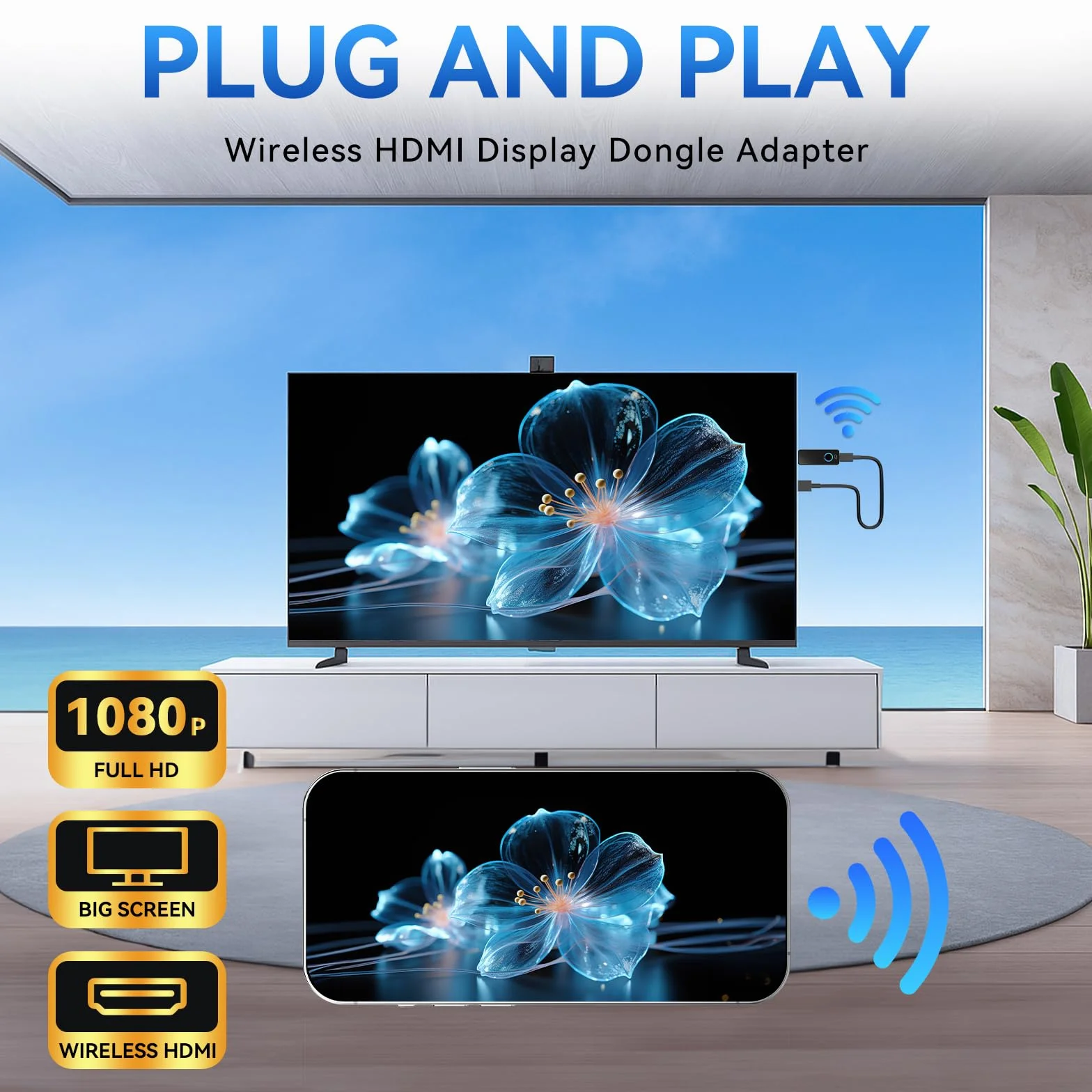 Adaptateur HDMI sans Fil,Dongle WiFi Miracast/Airplay/Screen Mirroring pour TV, projecteur, Moniteur – Compatible iOS/Android/Windows – Plug & Play (W3401)