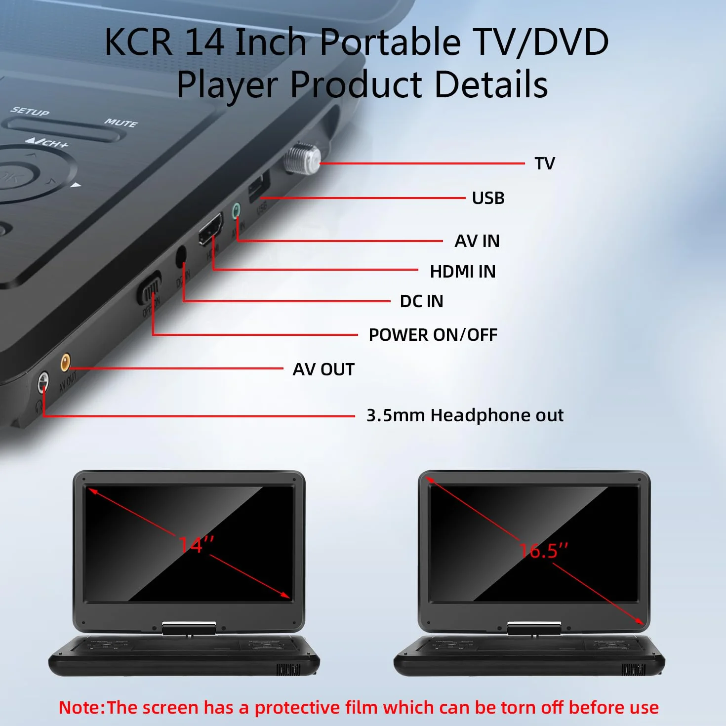 KCR 14 Pouces TV Portable/Lecteur DVD Combo avec écran LED Rotatif HD et Tuner TV DVB-T2 numérique/USB/HDMI/AV/Audio, Batterie intégrée, Double Haut-Parleur stéréo