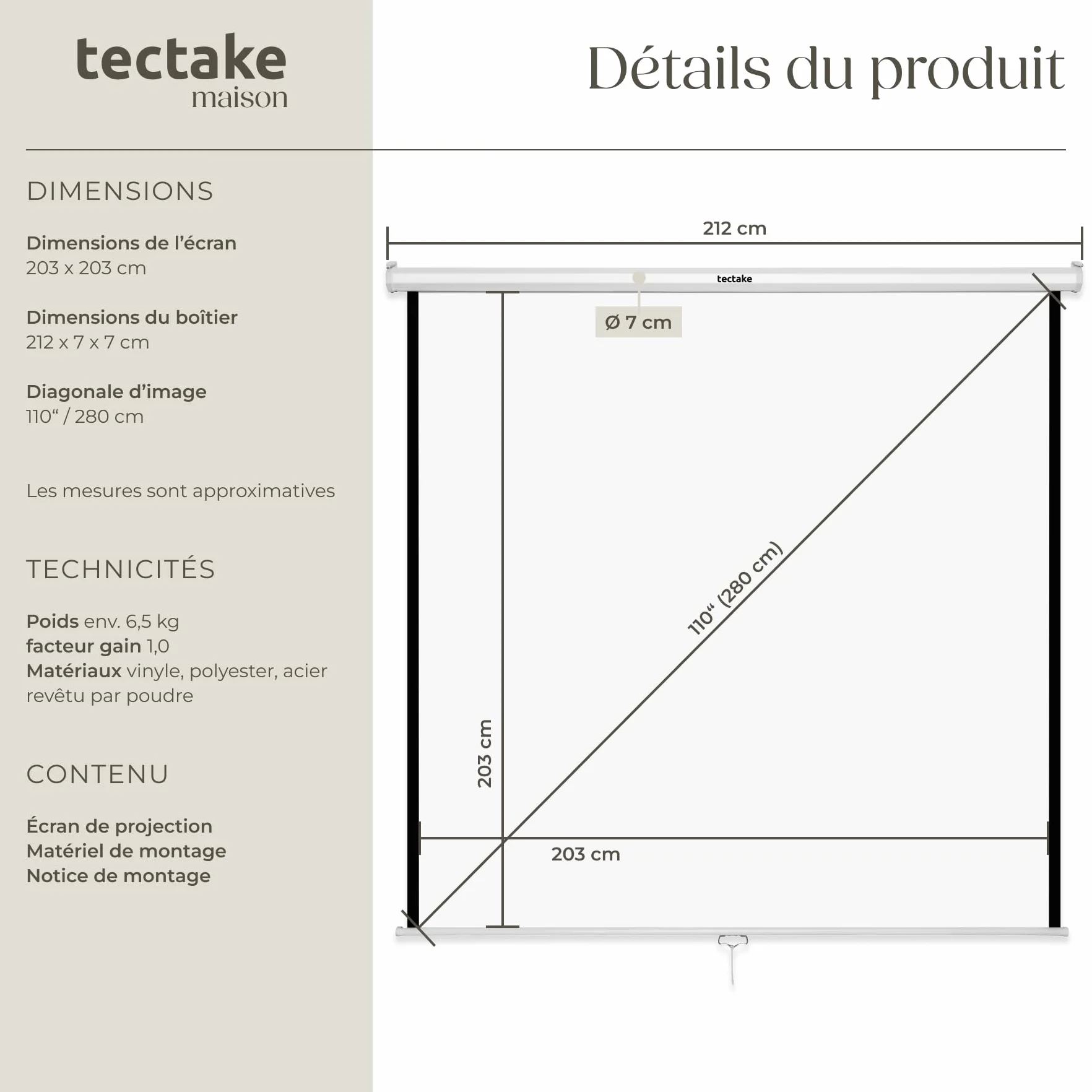 Tectake Écran de Projection 203x203cm 110" 1:1/16:9/4:3 Enroulable Fixation Murale Plafond