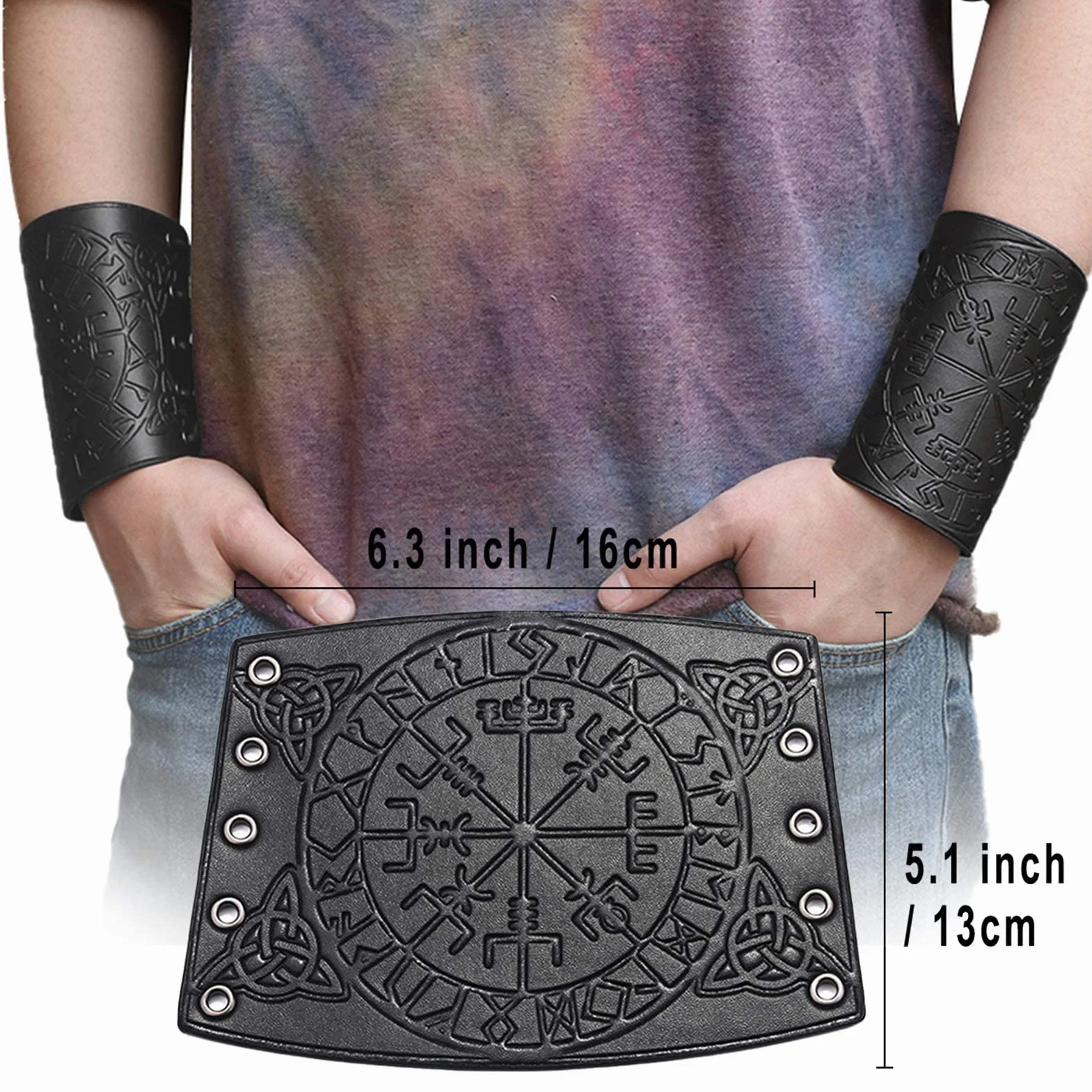Bracelet de gantelet en Cuir Pleine Fleur Fait à la Main, Bijou Viking avec Boussole runique