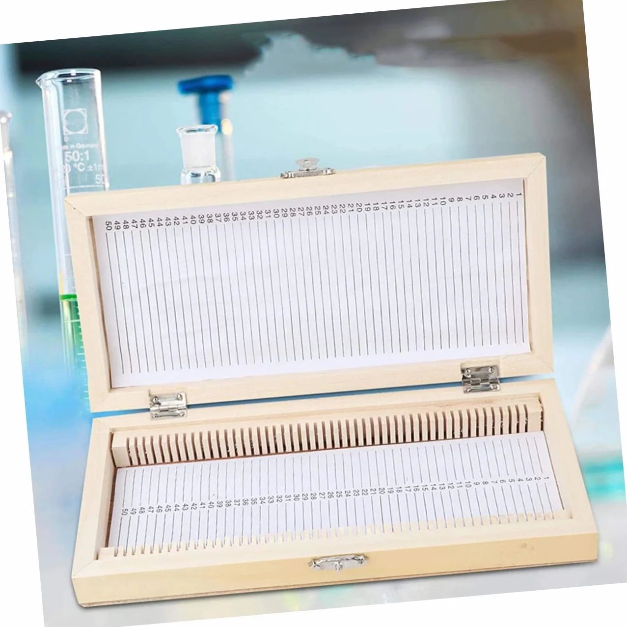 Amosfun Boîte Coulissante en Bois Compacte et Facile à Transporter Compartiments Numérotés pour 50 Lames de Microscope pour Collection de Spécimens