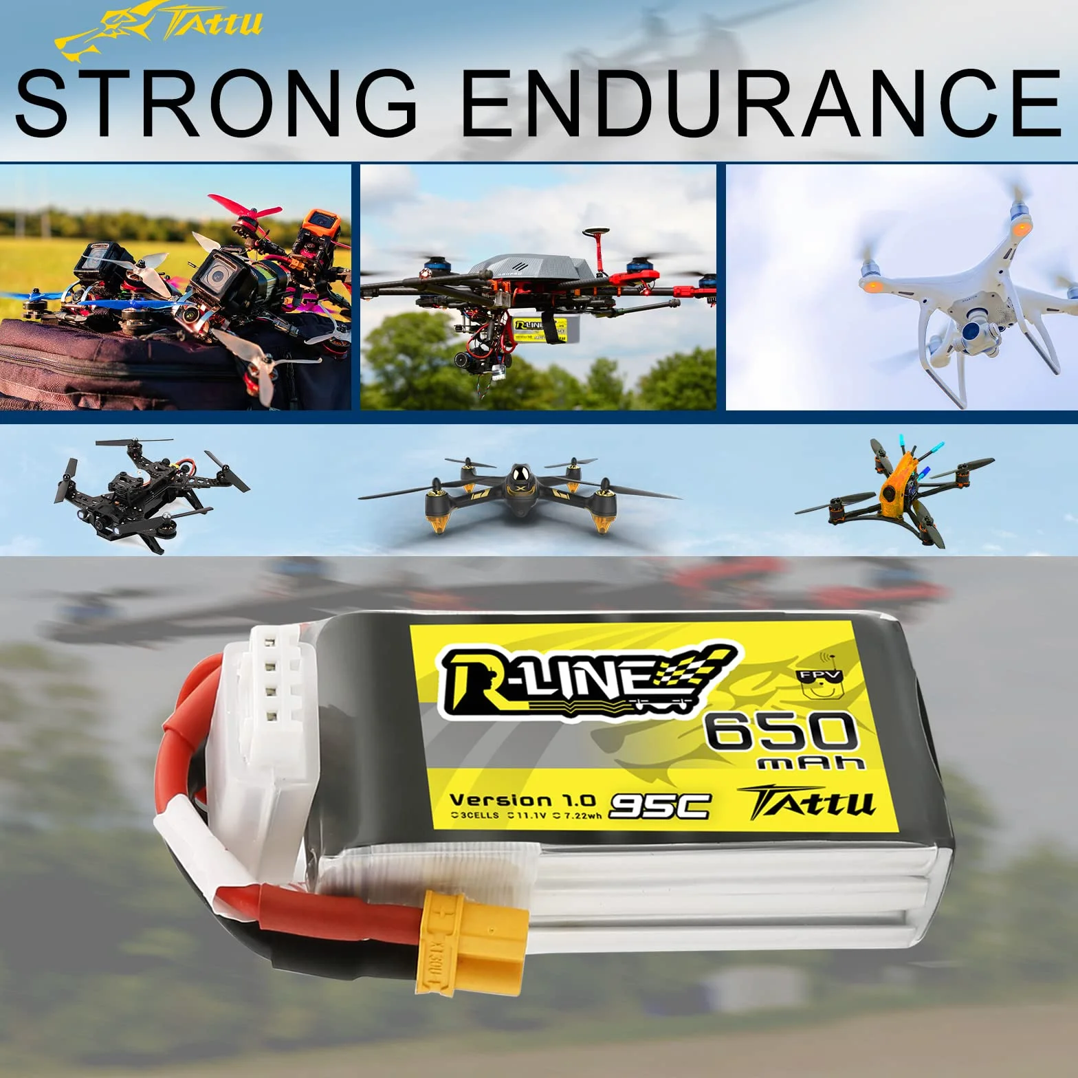 Tattu 3S Lipo Battery 11.1V 650mAh 95C Soft Case R-Line Lipo Battery Pack avec connecteur XT30 pour UAV Drone FPV Racing RC Quadcopter multirotor de Taille 100 à 180