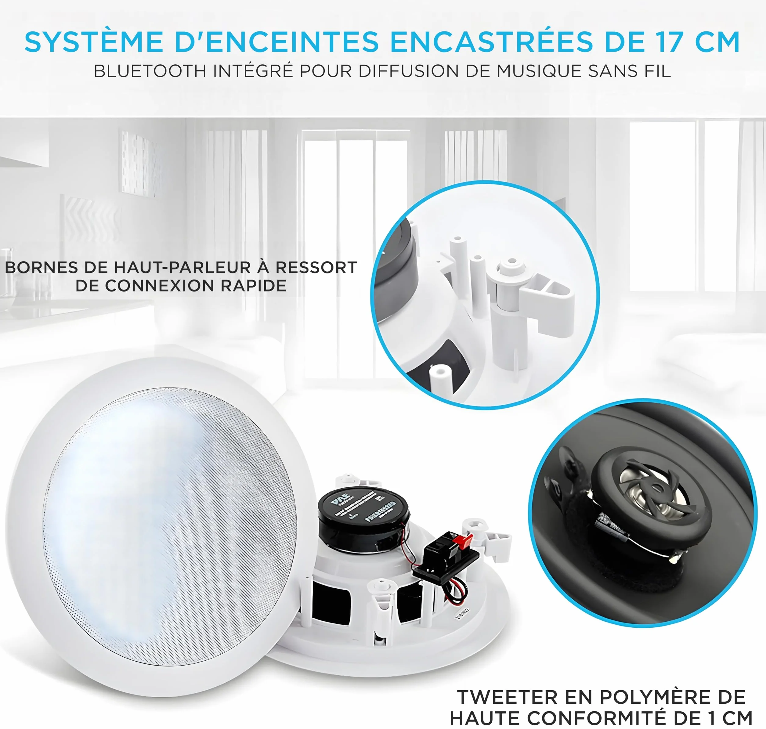 Pyle Enceintes Bluetooth 2 Voies à Encastrer Mur/Plafond avec Connexions Rapides et Grilles Interchangeables