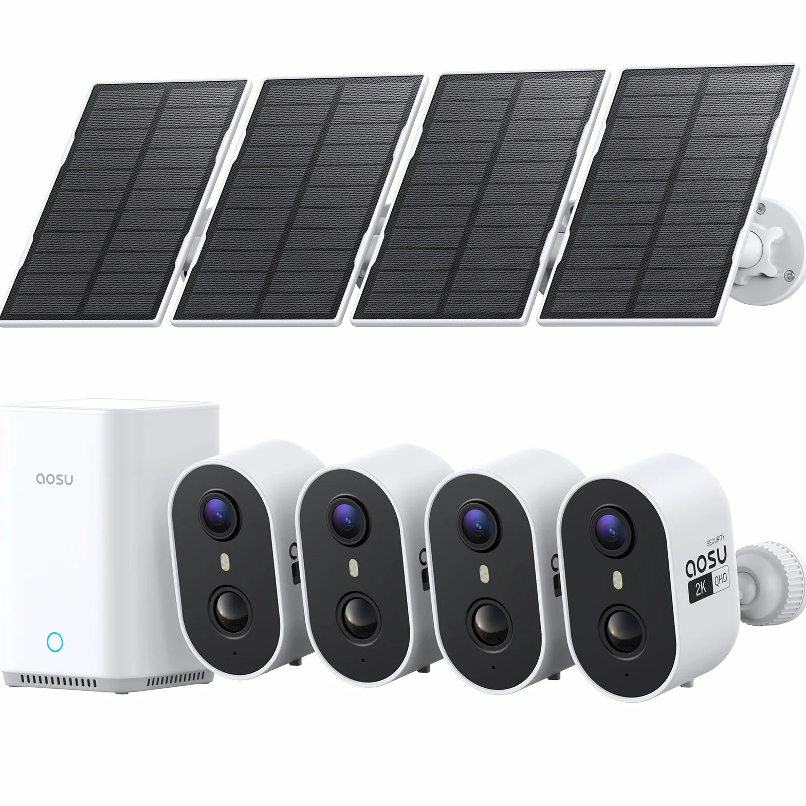 aosu 2K Camera Surveillance WiFi Exterieure sans Fil Solaire, Kit 4 Cam + aosuBase 2.0, sans Abonnement Requis, Extensible Jusqu’à 1 to, Vision Nocturne Couleur AI PIR Détection Suivi Inter-Caméras