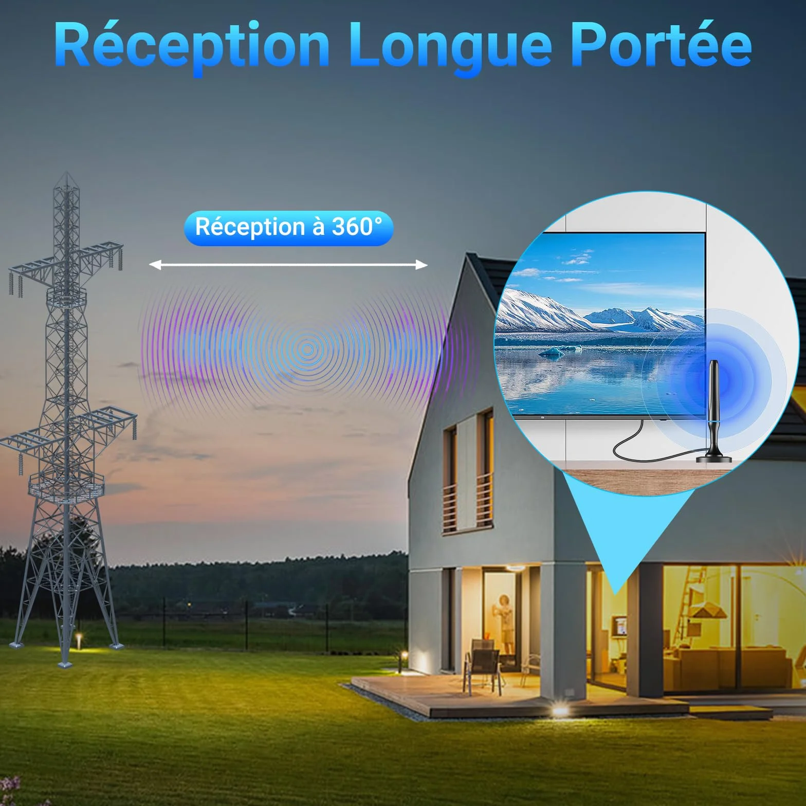 Antenne TV Intérieur Puissante TNT HD, 2026 Puissante Antenne TV Intérieur de Base magnétique puissante - 80km Réception Longue Portée à 360°, Compatible avec Portable 4K 1080P et Tous Les TVs (Bleu)