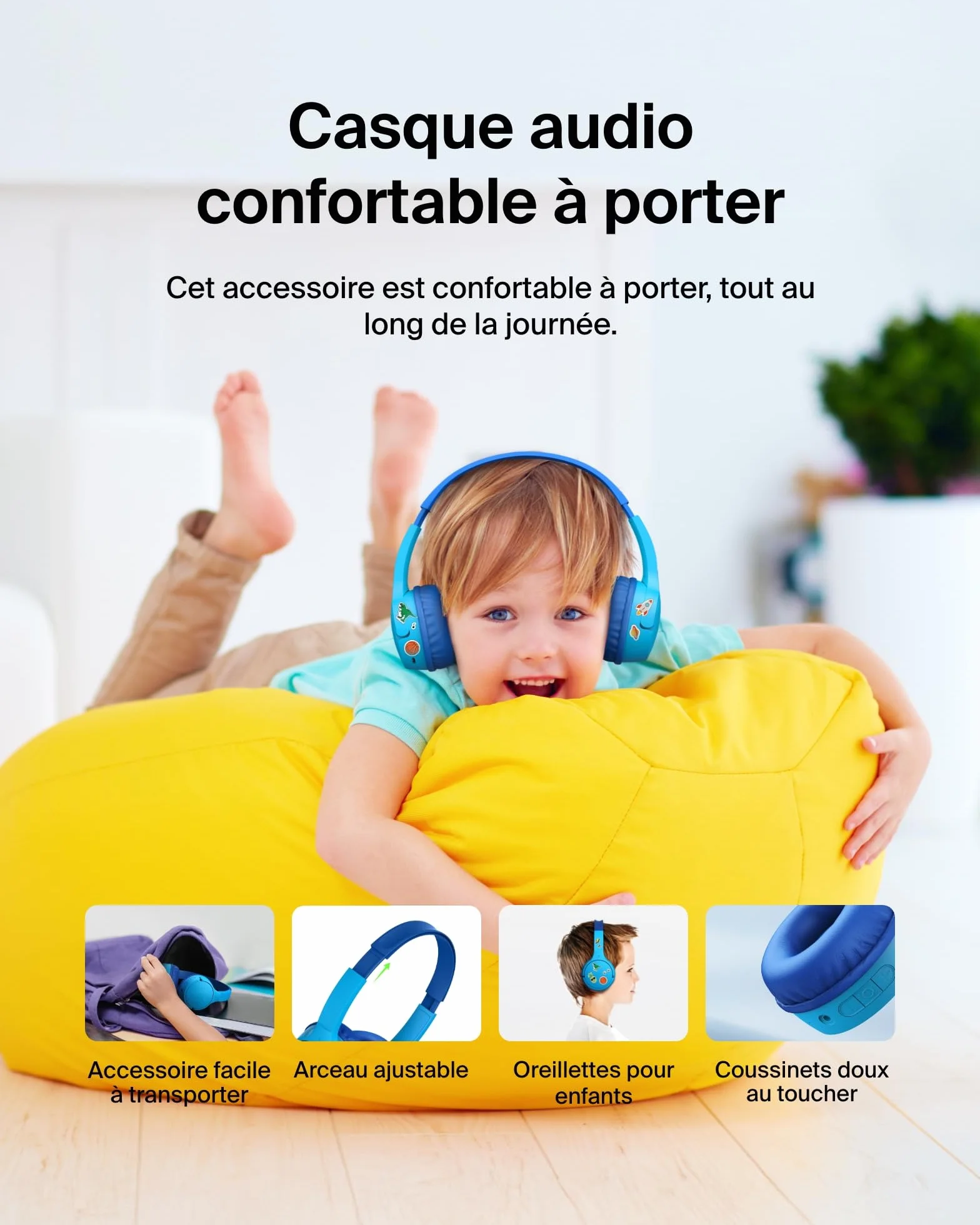 Belkin SoundForm Mini Casque Audio sans Fil pour Enfants avec Micro intégré (Circum-aural, autonomie de 30 h, pour Apprentissage, Voyages, Autocollants Amusants, pour iPhone, iPad, Galaxy) - Bleu