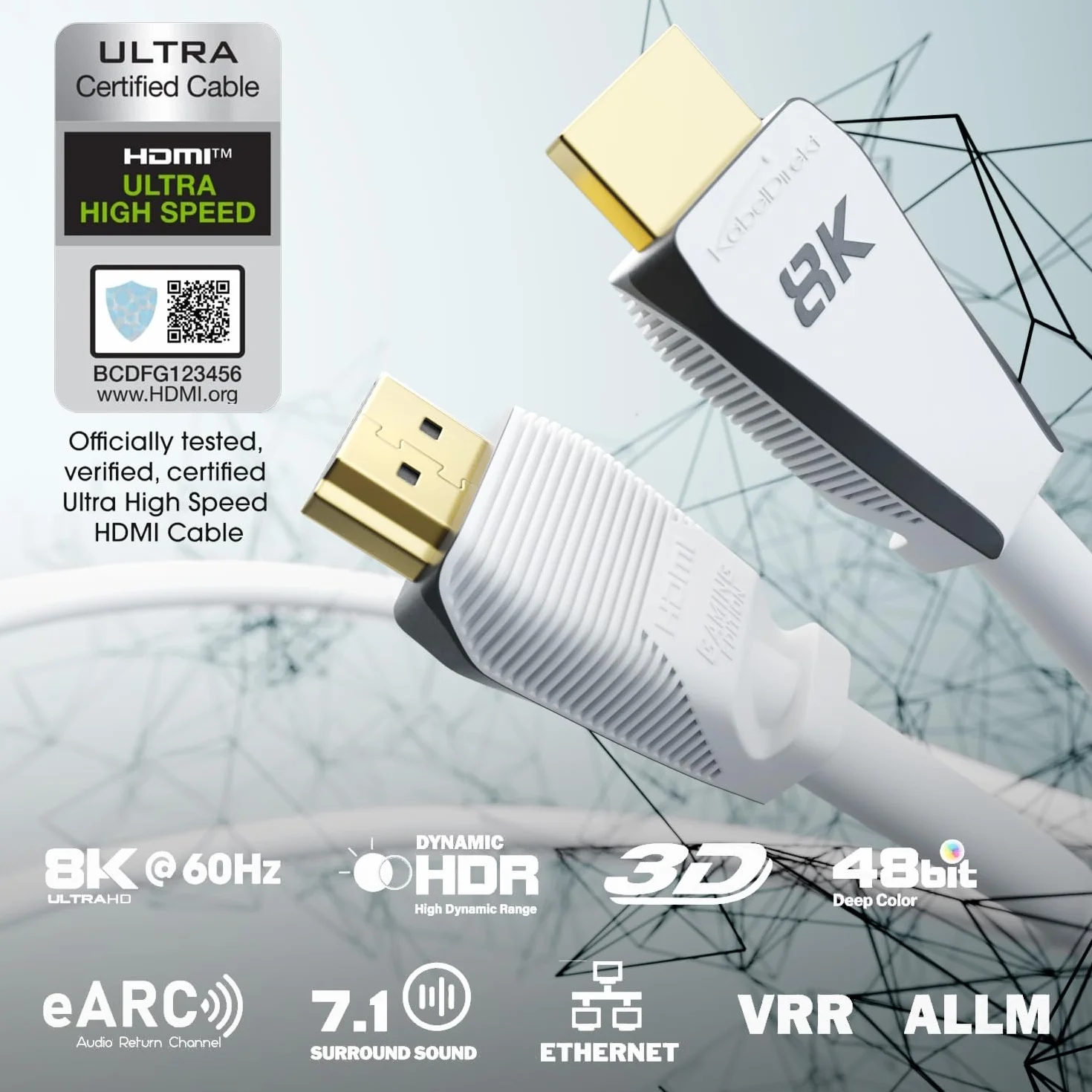 KabelDirekt câble Ultra High Speed 8K @ 60Hz/4K @ 144Hz pour Gaming PC/PS5/Xbox, HDMI 2.1 b, 2 m, certifié Ultra Edition, blanc