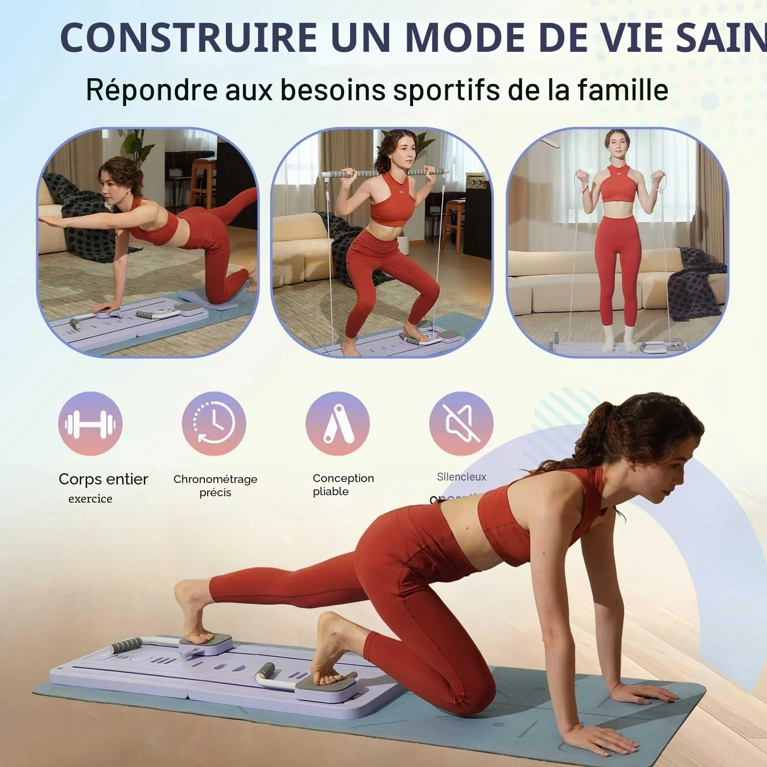 Kit Mini Reformer Pilates avec Barre et Bandes de Résistance, Planche Multifonctionnelle pour Maison