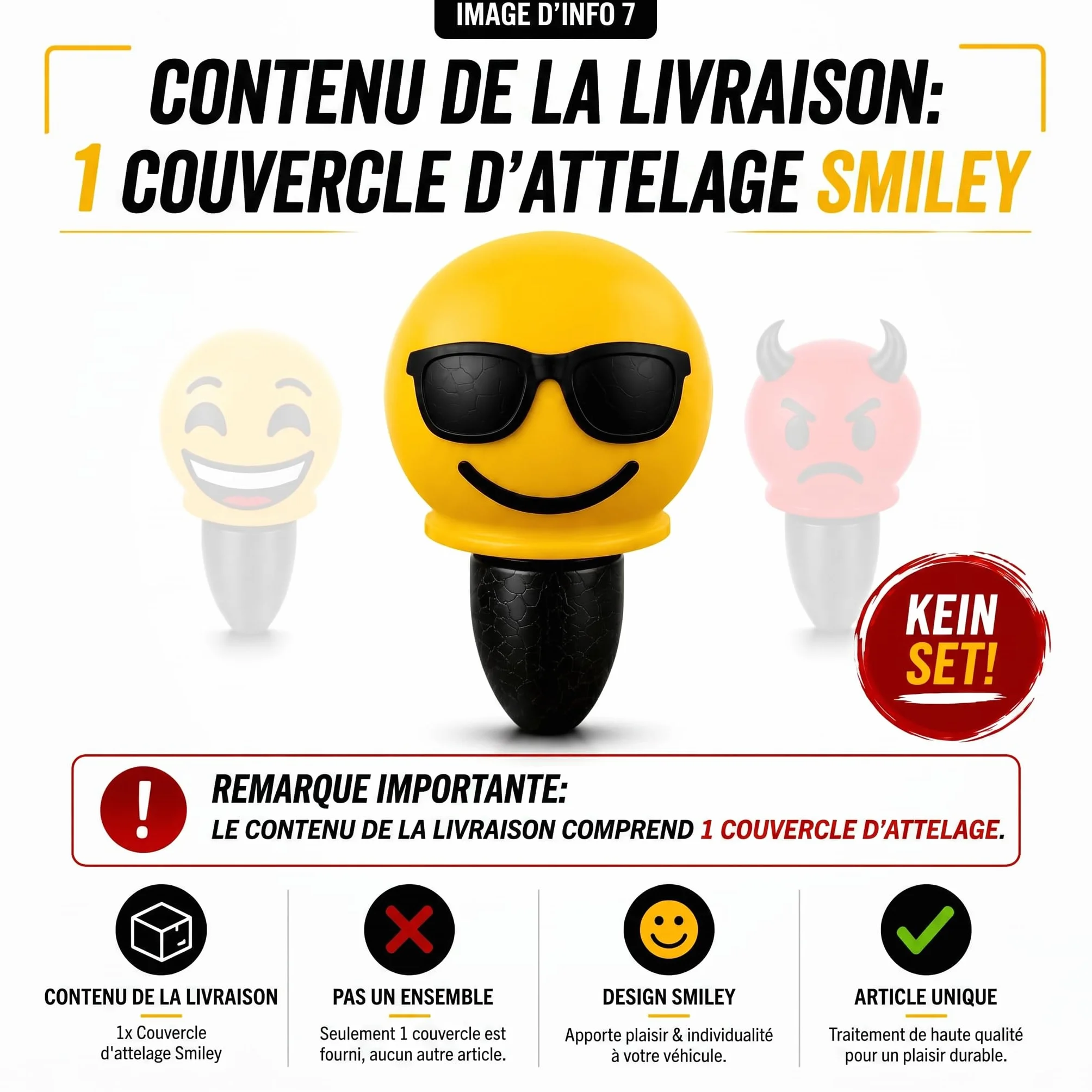 Couvercle d'attelage Smiley 50 mm - Capuchon de protection universel pour voiture, SUV, remorque