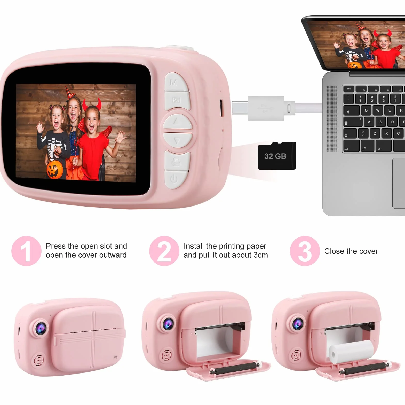 Appareil Photo Instantané Enfant, 3,5" Appareil Photo Enfants Cadeaux pour 3 à 14 Ans, Papier d'impression sans Encre et 32GB Carte, 12MP 1080P Enregistreur Photos Vidéo 3 en 1 Jouet (Rose)
