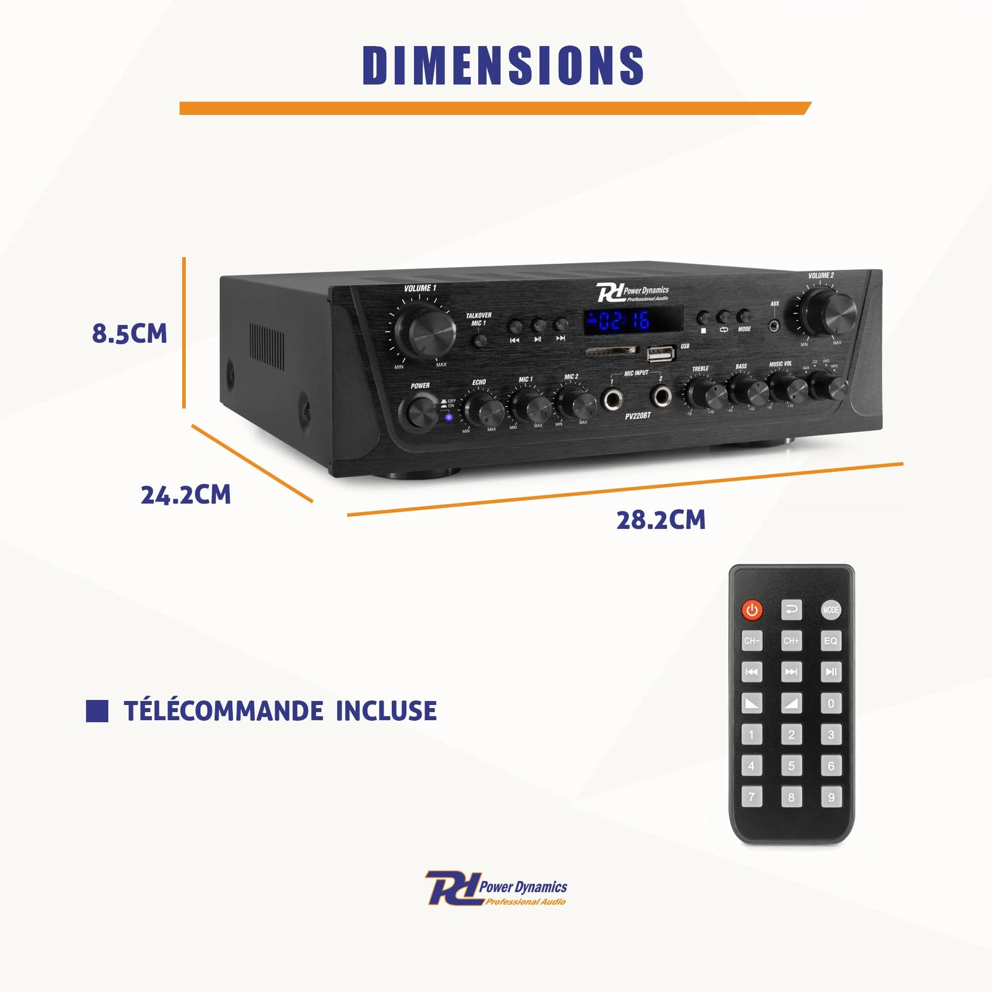 Power Dynamics PV220BT Amplificateur Audio Bluetooth 2x100W 2 Zones Lecteur MP3 USB/SD Radio FM Entrées RCA AUX Télécommande