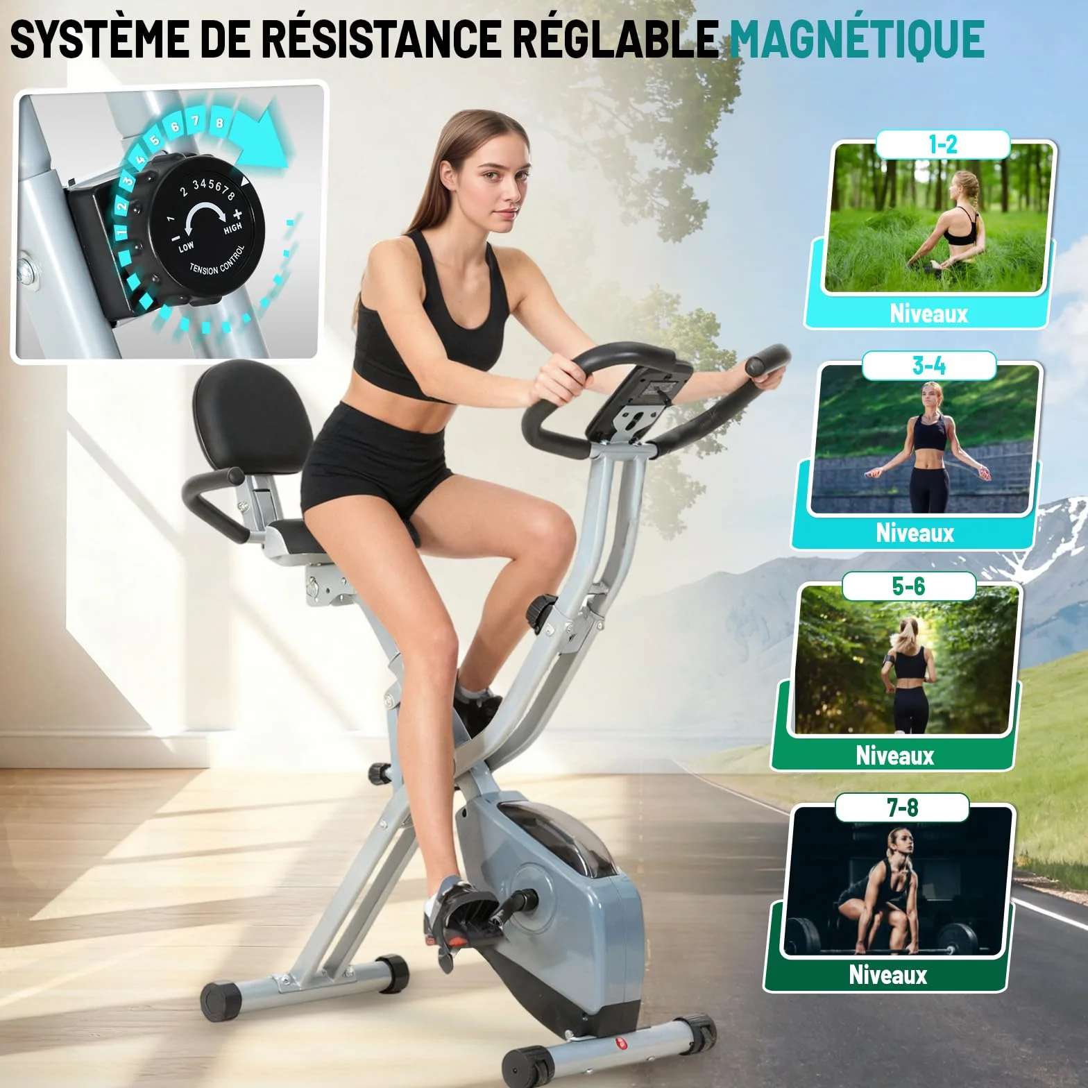 ISE 2-IN-1 Vélo d'Appartement Pliable, Cardio Training 8 Niveaux Résistance Magnétique, Bluetooth
