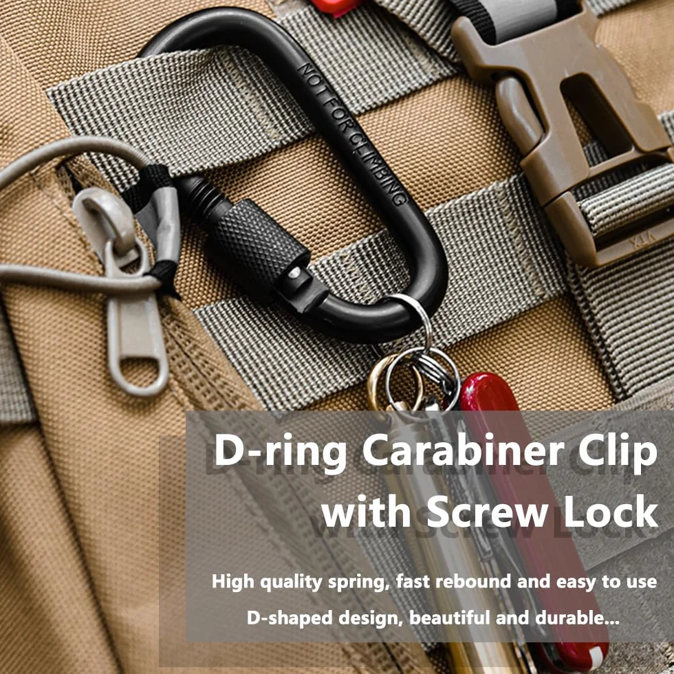 Petit Mousqueton Noir D-Ring avec Vis Lock en Aluminium Porte-clés Verrouillage Clip pour Sac à Dos Randonnée