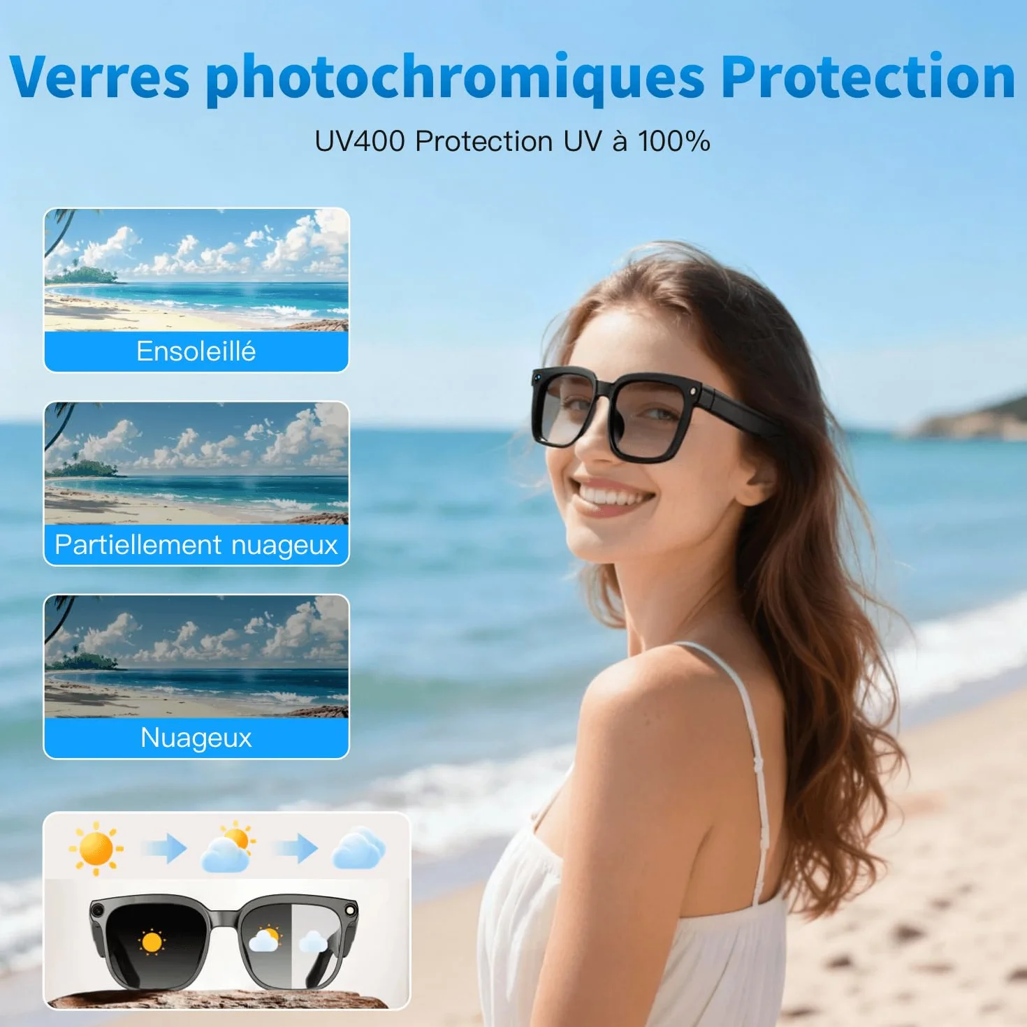 Lunettes intelligentes AI 32 Go avec caméra HD 4K, Lunettes avec caméra Anti-tremblement 8 MP, Prise en Charge de l'enregistrement vidéo, Traduction en Temps réel, Verres photochromiques