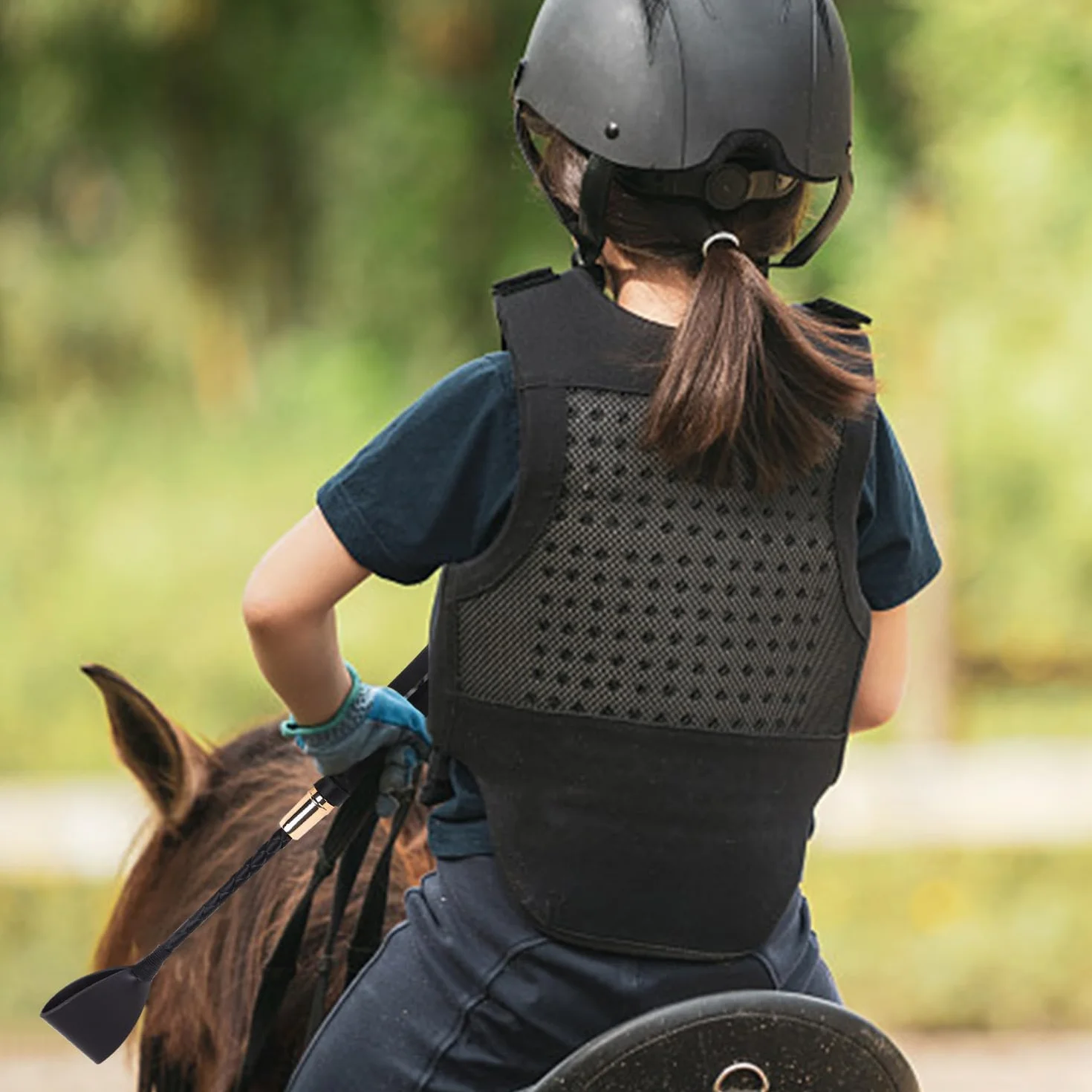 Cravache de cheval en cuir noir poignée antidérapante gel accessoires d'équitation
