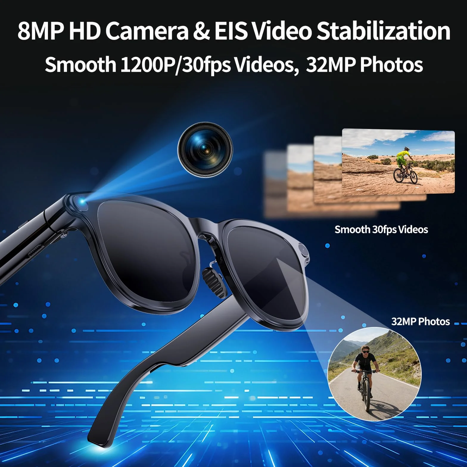 Lunettes intelligentes AI avec caméra 4K, lunettes Bluetooth anti-secousses de 8 MPW, enregistrement vidéo 1080p, réduction du bruit, traduction en temps réel et interprétation simultanée