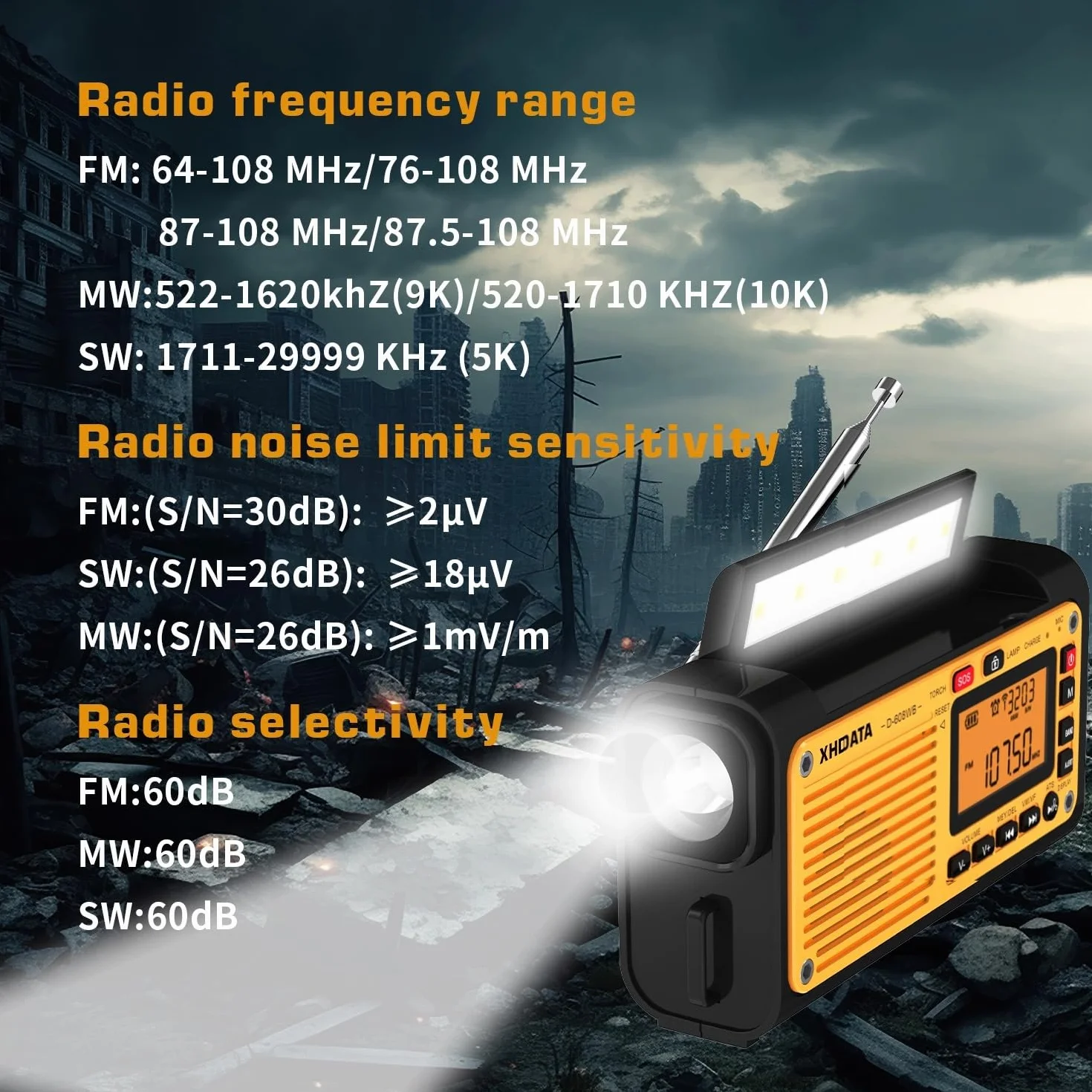 XHDATA D-608WB Radio Portable de Survie FM MW SW Bluetooth Carte TF Manivelle Panneau Solaire Lampe Torche SOS USB Camping Urgence