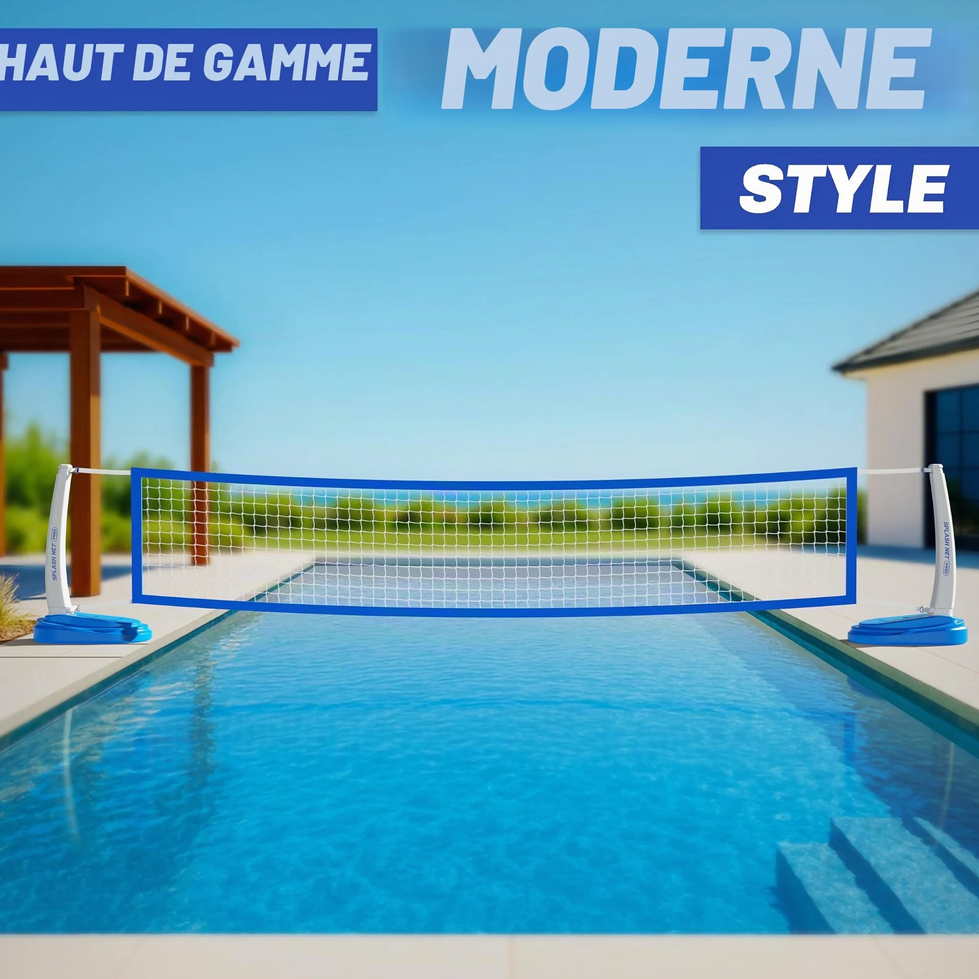 GoSports Splash Net Pro Filet de Volleyball pour Piscine avec 2 Ballons et Pompe, Blanc, Rouge, Bleu