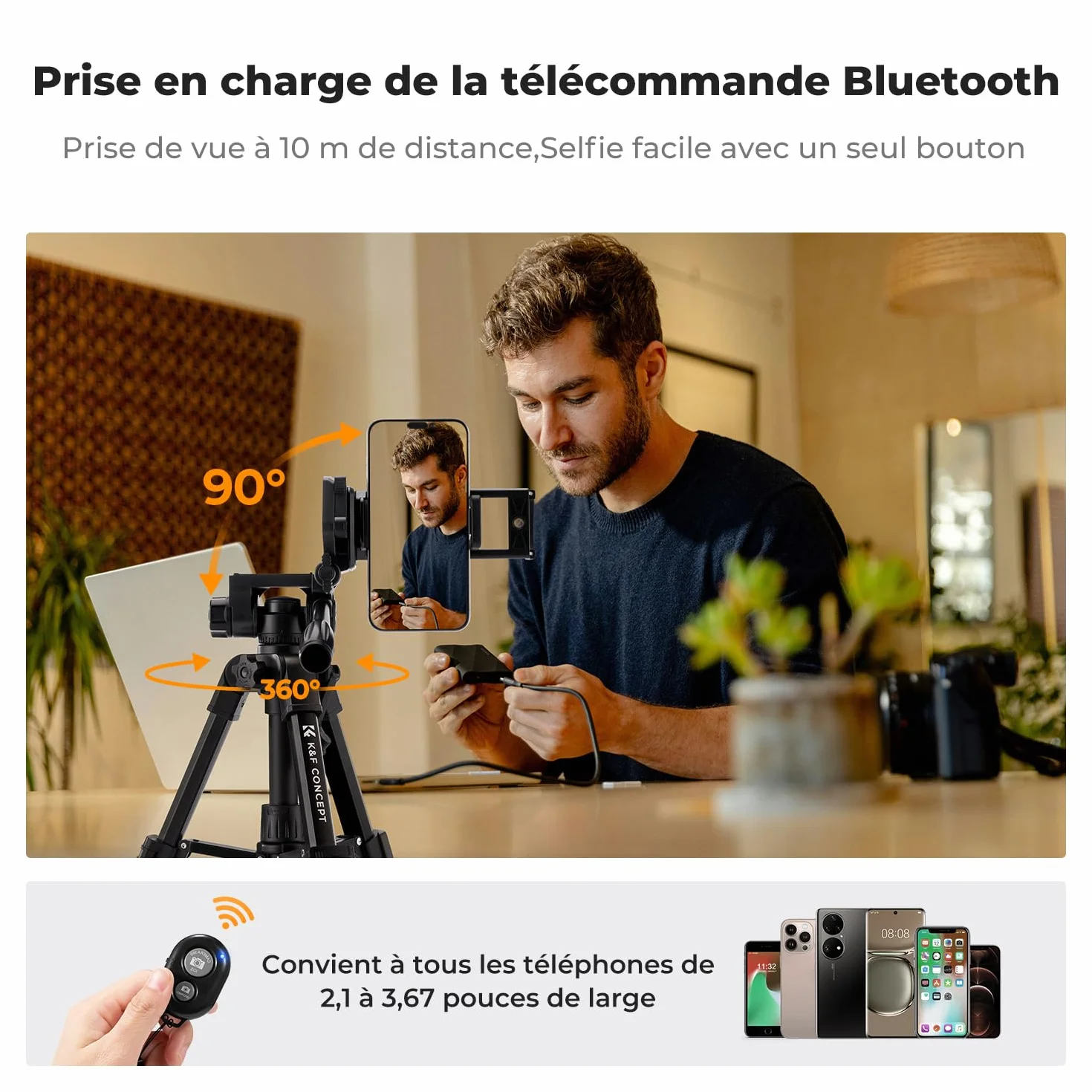 K&F CONCEPT Mini trépied de Bureau pour Appareil Photo, trépied de Table en Aluminium de 63,5 cm avec télécommande, Petit trépied Portable pour appareils Photo Reflex numériques, caméscope, téléphone
