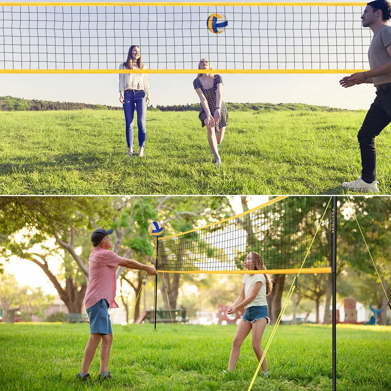 Ensemble Volleyball Badminton Jardin Filet Portable Tout-en-Un avec 4 Raquettes Volants Sac