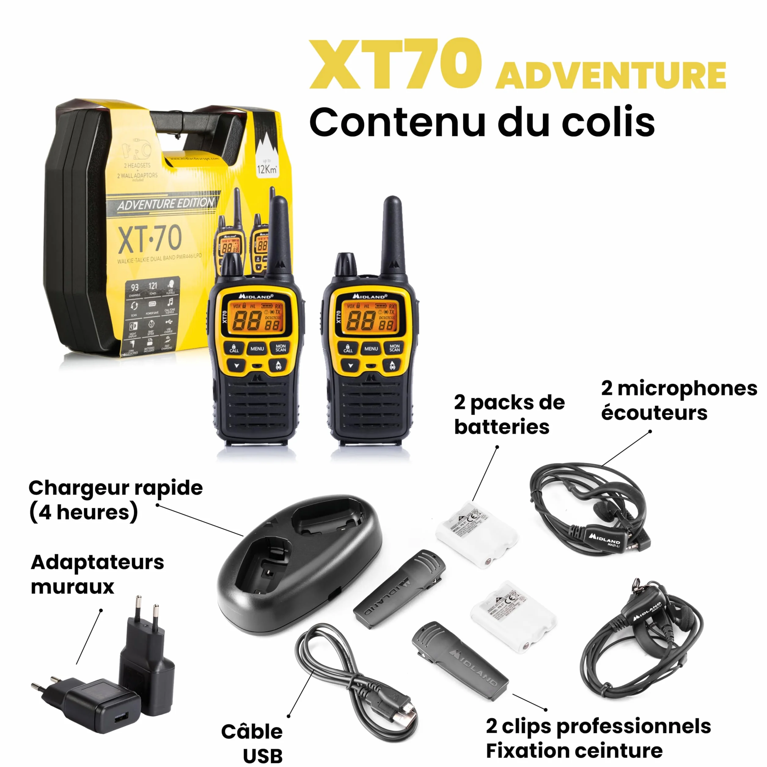 Midland C1180.01 XT70 Adventure Talkie Walkie - Émetteur-Récepteur Radio Pro Bi-bande à Recharge Rapide - Jaune - 69 LPD et 24 PMR446, 12 km, 38 Tonalités et 83 Codes - Lot de 2 Émetteurs-Récepteurs