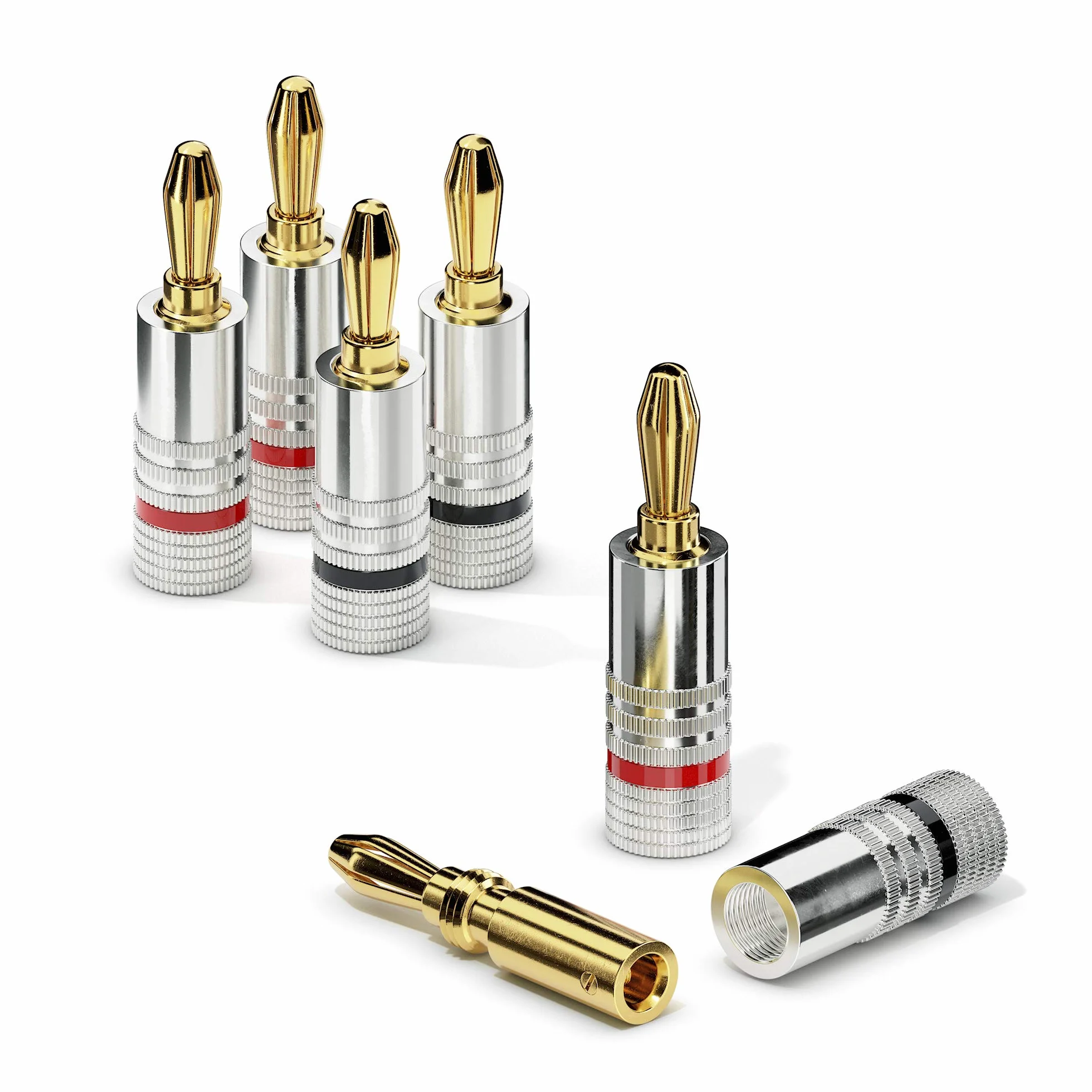 sonero® lot de 4 fiches bananes, pour tous les câbles d'enceintes d'un diamètre maximum de 6 mm², 4 pièces avec codage couleur (12x rouge, 12x noir), plaqué or 24 carats