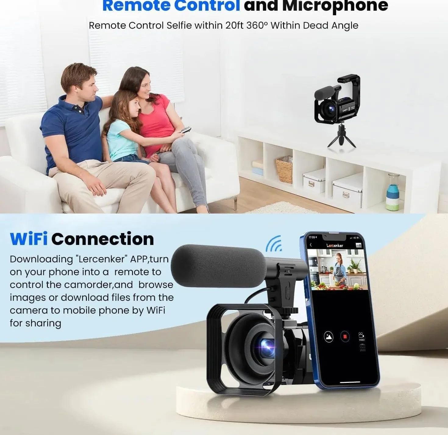 Caméra Vidéo 5K WiFi 56MP Double Objectif 16X Zoom Numérique IR Vision Nocturne 3" Écran Tactile avec 2 Piles et Carte 64 Go