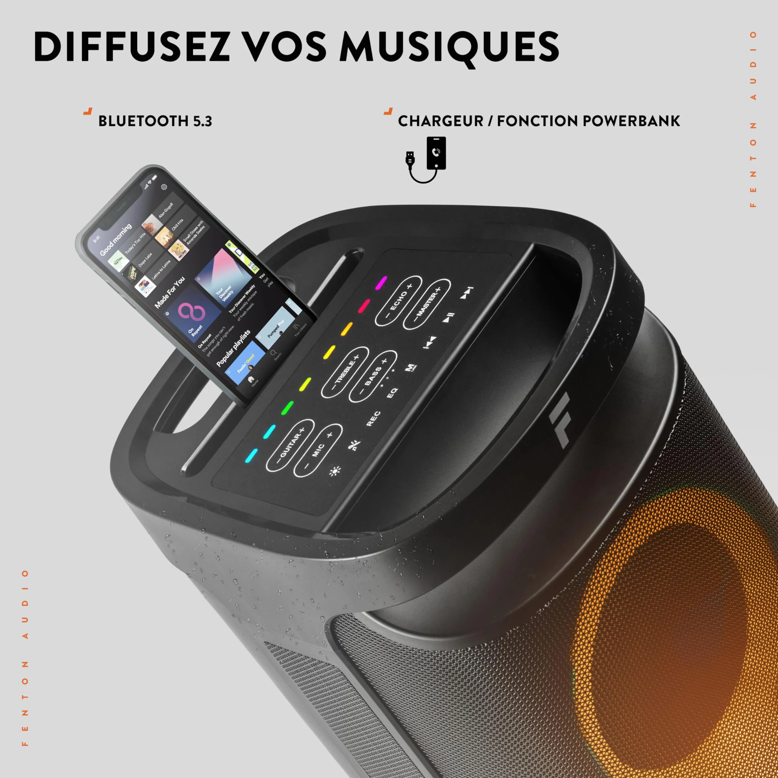 Fenton Pulse130 Enceinte de Soirée Lumineuse Bluetooth - 260 Watts, Batterie Longue Autonomie 12H, Résistance aux Éclaboussures IPX4, Idéale pour Toutes Vos Soirées en Intérieur ou Exterieur