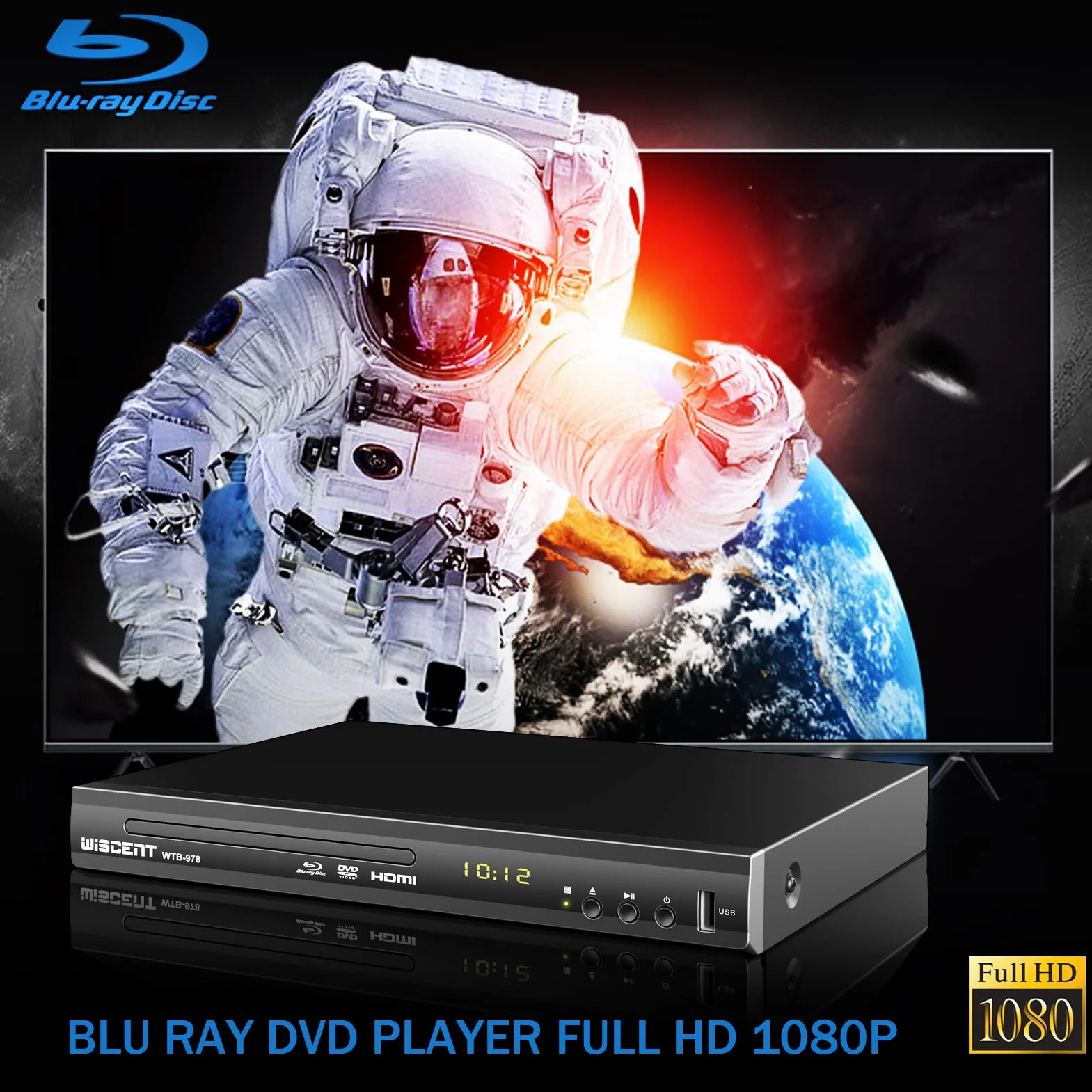 Lecteur Blu-Ray pour TV, Lecteur DVD WISCENT avec Sortie Coaxiale/HDMI/AV, entrée USB, Tous Les DVD etRégion B/2 Disques Blu-Ray, Compact Full HD, Lecteur Blu-Ray 1080p