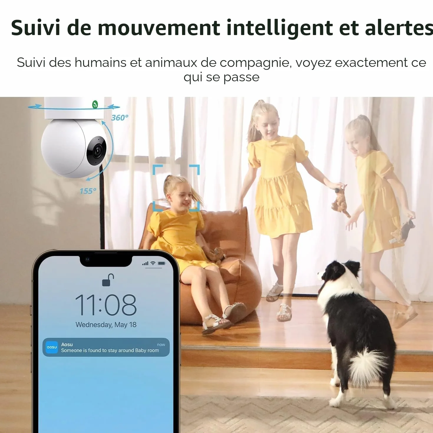 aosu 4MP 2,5K Caméra Surveillance WiFi Intérieure, 5G/2.4 GHz WiFi, Appels à Une Touche, Suivi de Mouvement à 360°, Détection Humaine AI, Compatible avec Alexa pour Bébé/âgées/Animaux