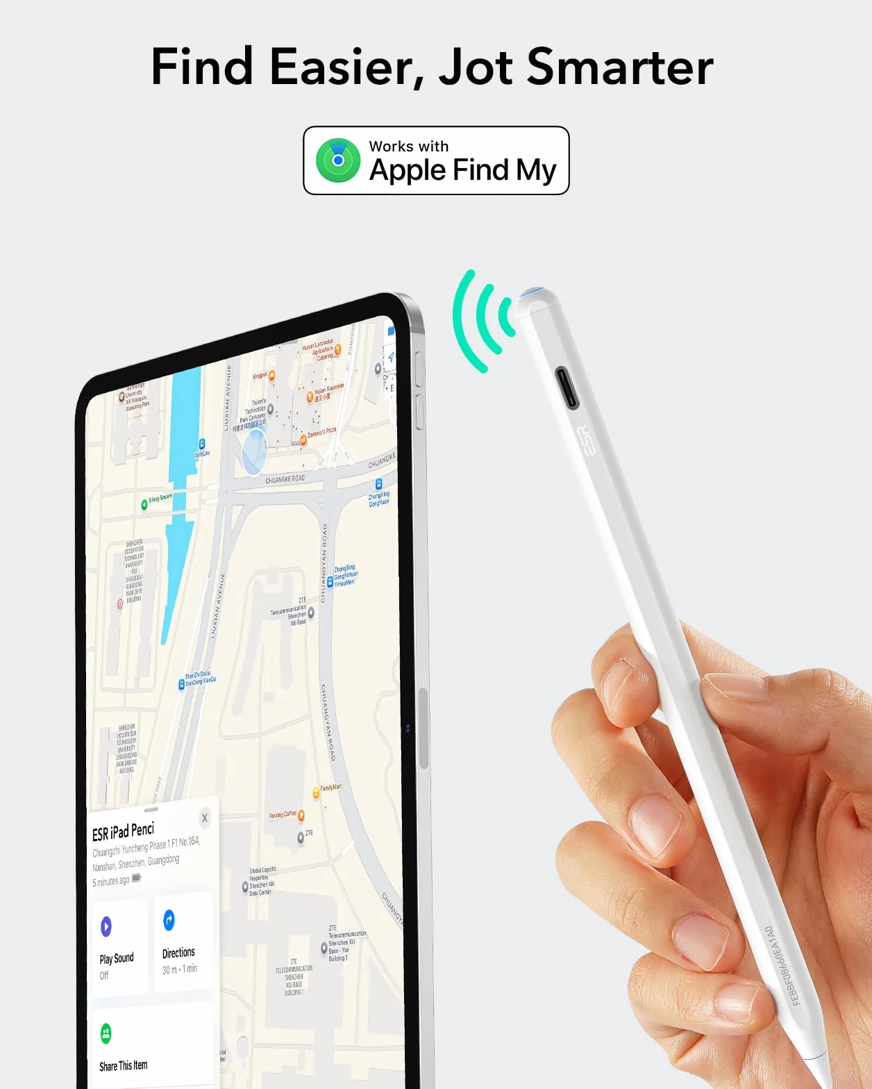 ESR Find My Stylet Digital Pencil Pro pour iPad 2018-2025, sensibilité à l'inclinaison, Blanc