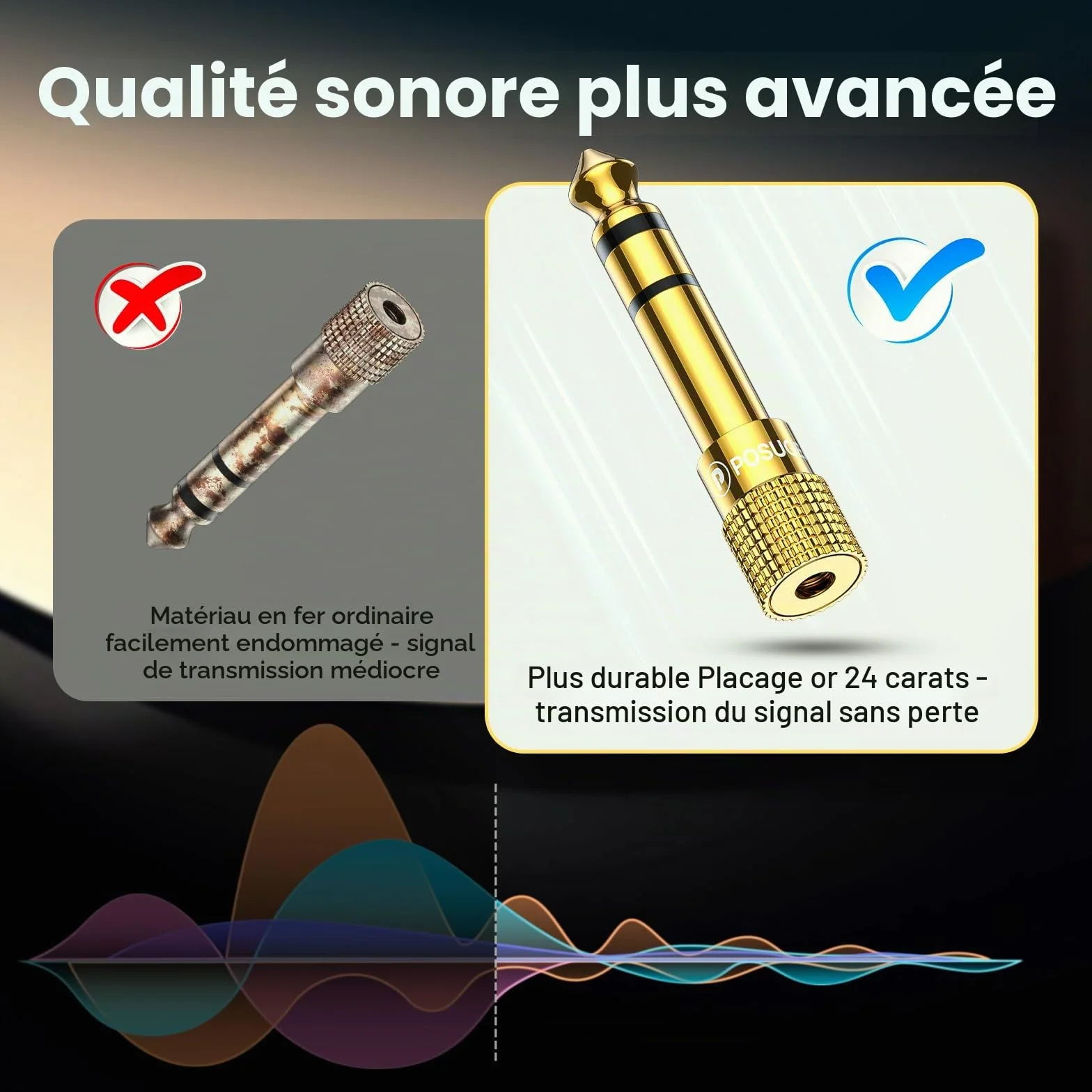 POSUGEAR Adaptateur Jack 6.35 mm Mâle vers 3.5 mm Femelle Audio Connecteur Stéréo Plaqué Or
